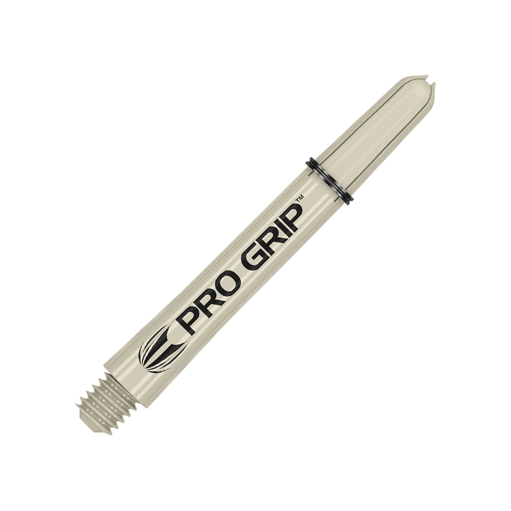 380151_Target_Pro_Grip_Shafts_Sand_41mm_2 Das Bild zeigt einen sandfarbenen Pro Grip Dart-Schaft mit schwarzer Aufschrift. Der Schaft hat ein Schraubgewinde an einem Ende und zwei schwarze Ringe am oberen Teil.