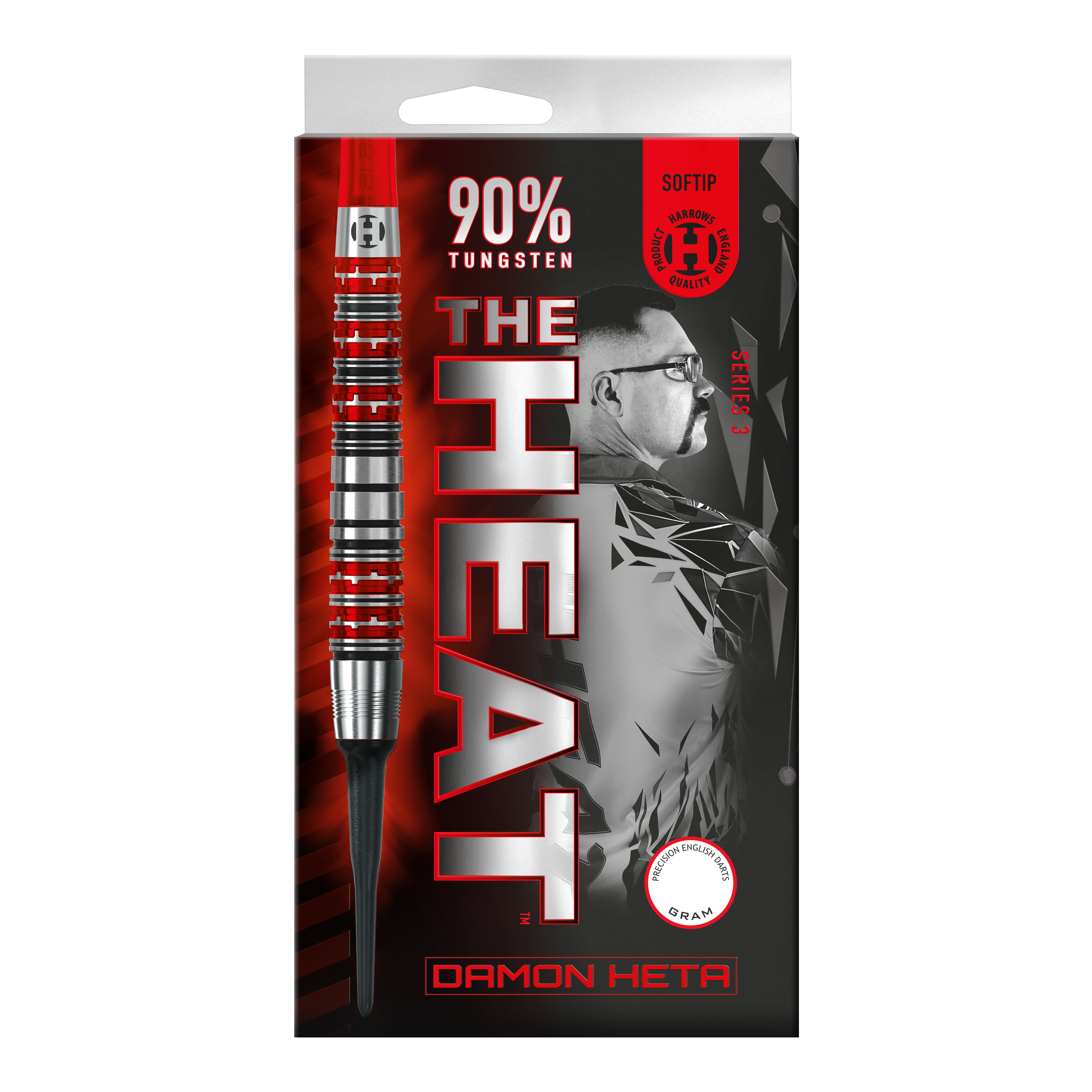 Die Abbildung zeigt die Verpackung der "Harrows Damon Heta Series 3 Softdarts". Auf der Verpackung stehen "90% Tungsten" und ein Porträt von Damon Heta im Hintergrund.