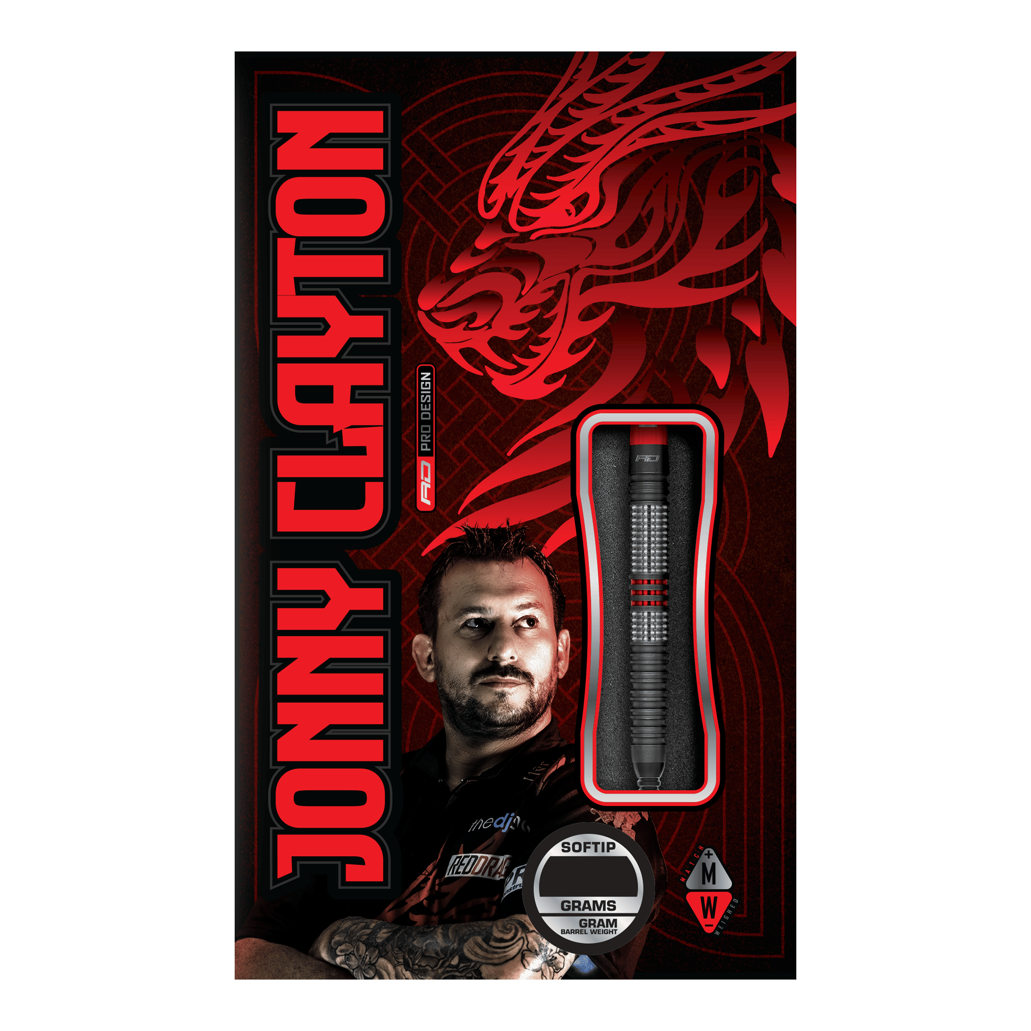 Red Dragon Jonny Clayton Hiraeth Zachte Darten - 20g Die Abbildung zeigt die Verpackung der „Red Dragon Jonny Clayton Hiraeth Softdarts - 20g“. Auf der Vorderseite sind der Dart, ein Porträt von Jonny Clayton und ein roter Drachen als Design-Element zu sehen.