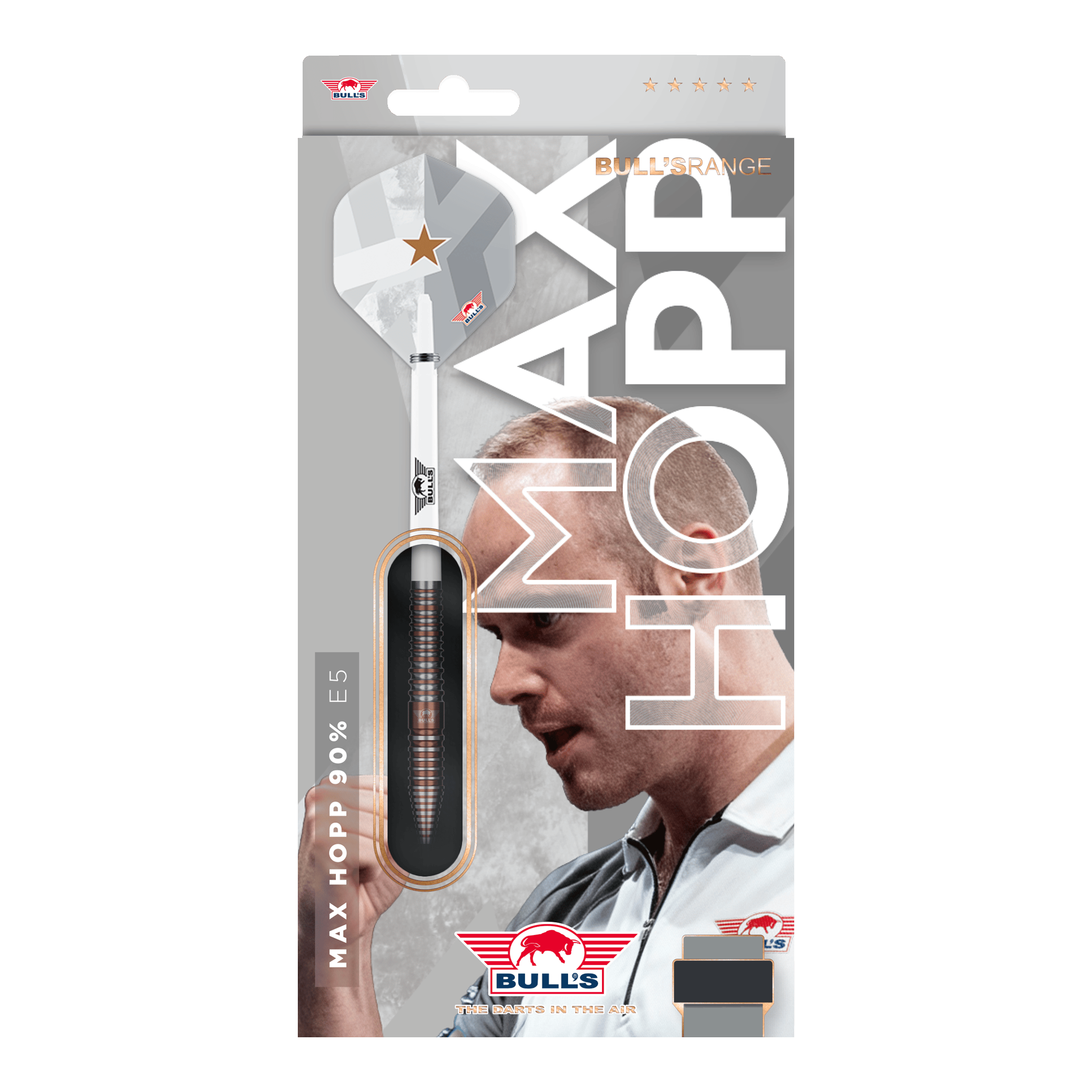 Bulls NL Max Hopp E5 soft darts - 20g Das Bild zeigt die Bulls NL Max Hopp E5 Softdarts in der Version mit 20 Gramm. Die Darts zeichnen sich durch ihre hochwertige Verarbeitung aus.