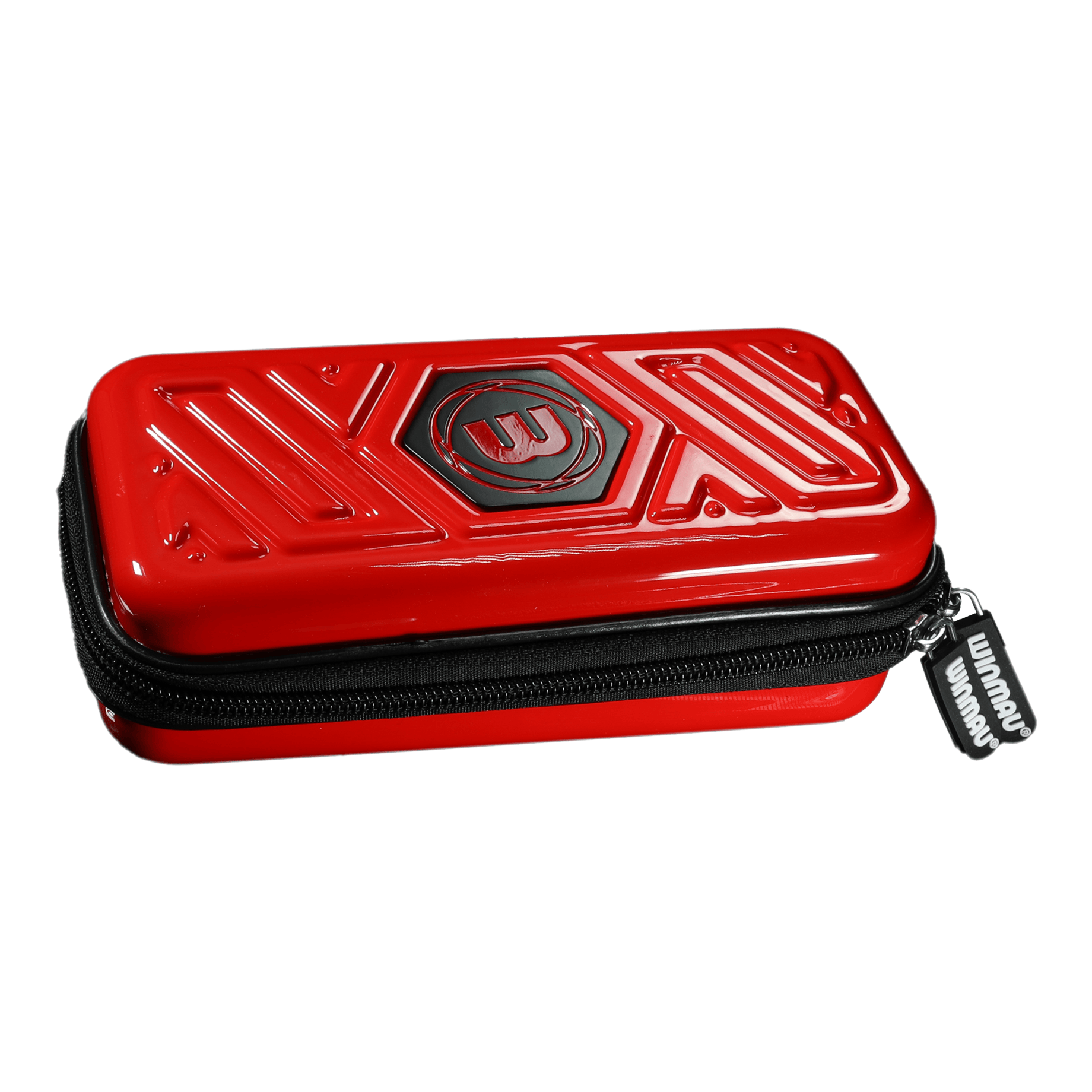 Winmau Armor G1 Dart-portemonnee Das Bild zeigt ein rotes Dart-Etui mit einem schwarzen Reißverschluss. Auf der Oberseite befindet sich ein eingeprägtes Muster und das Winmau-Logo.