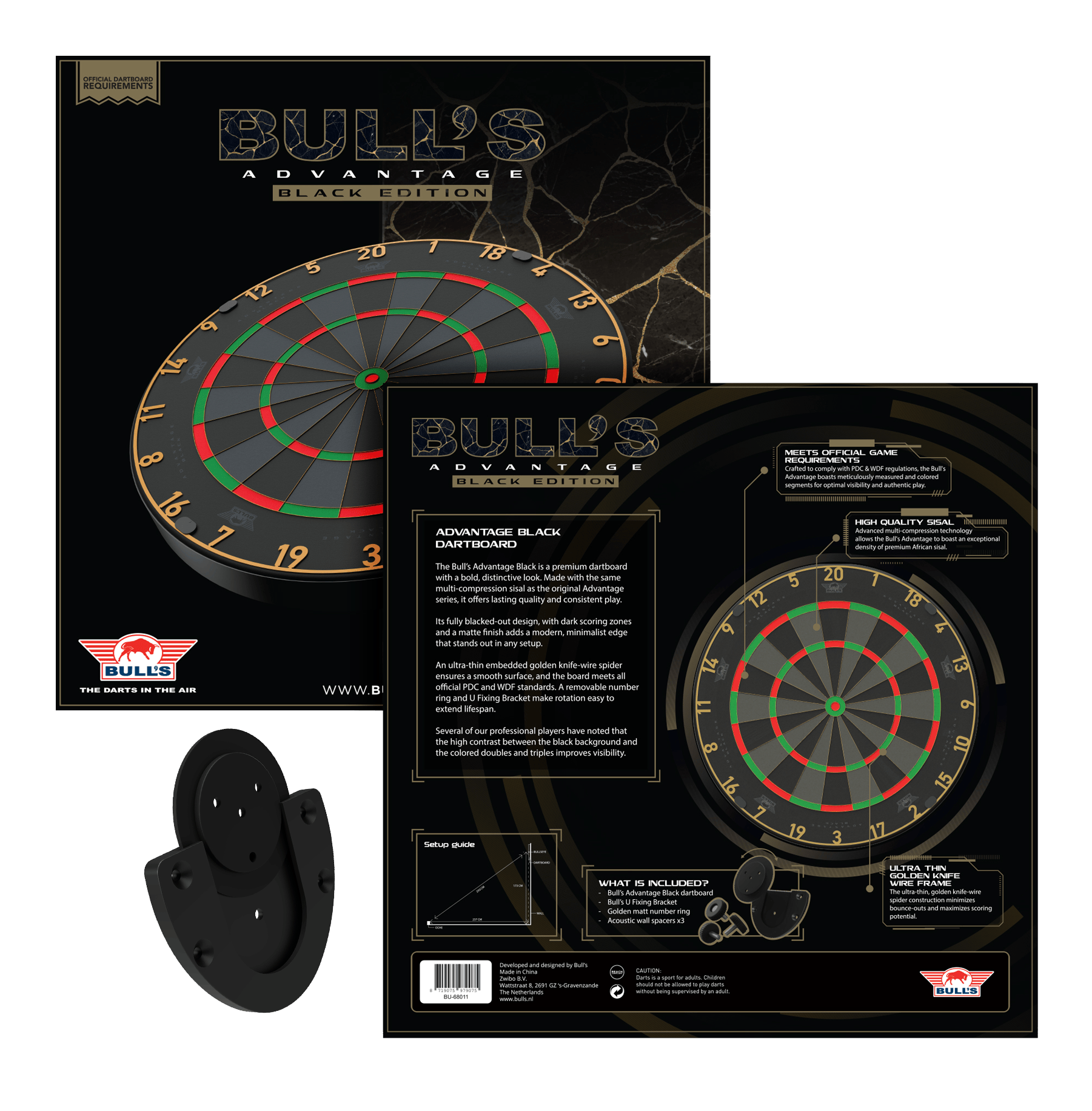 Bulls NL Advantage Black Edition stalen dartbord Das Bild zeigt das Bulls NL Advantage Black-Edition Steeldartboard. Dies ist eine schwarze Dartscheibe für Steeldart-Spiele.