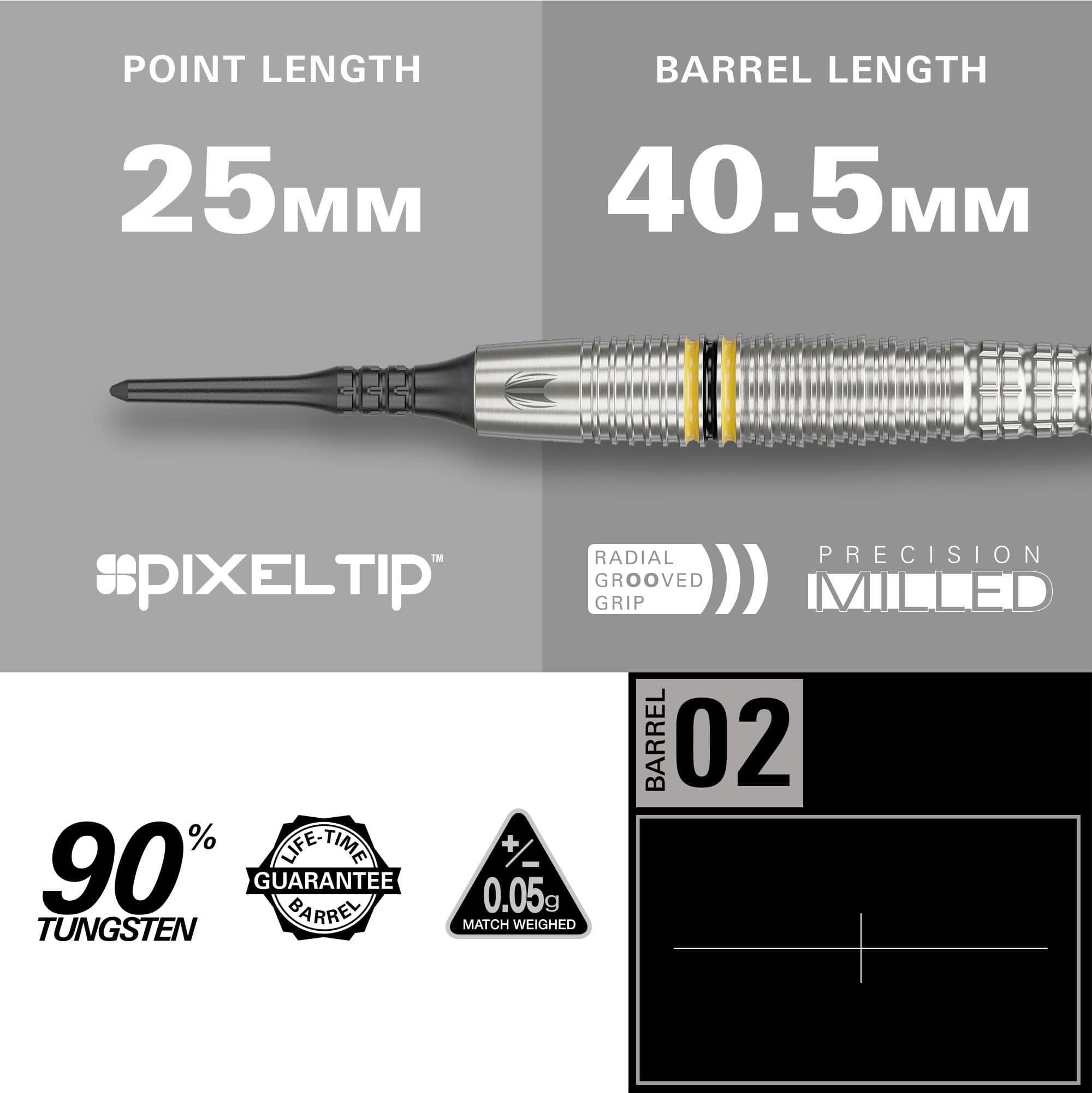 Target Scott Williams GEN2 zachte darts - 18g Das Bild zeigt die Target Scott Williams GEN2 Softdarts mit einer Spitzenlänge von 25 mm und einer Barrel-Länge von 40,5 mm. Der Dart besteht zu 90 % aus Tungsten und verfügt über eine präzise gefräste, radial gerillte Griff-Fläche.