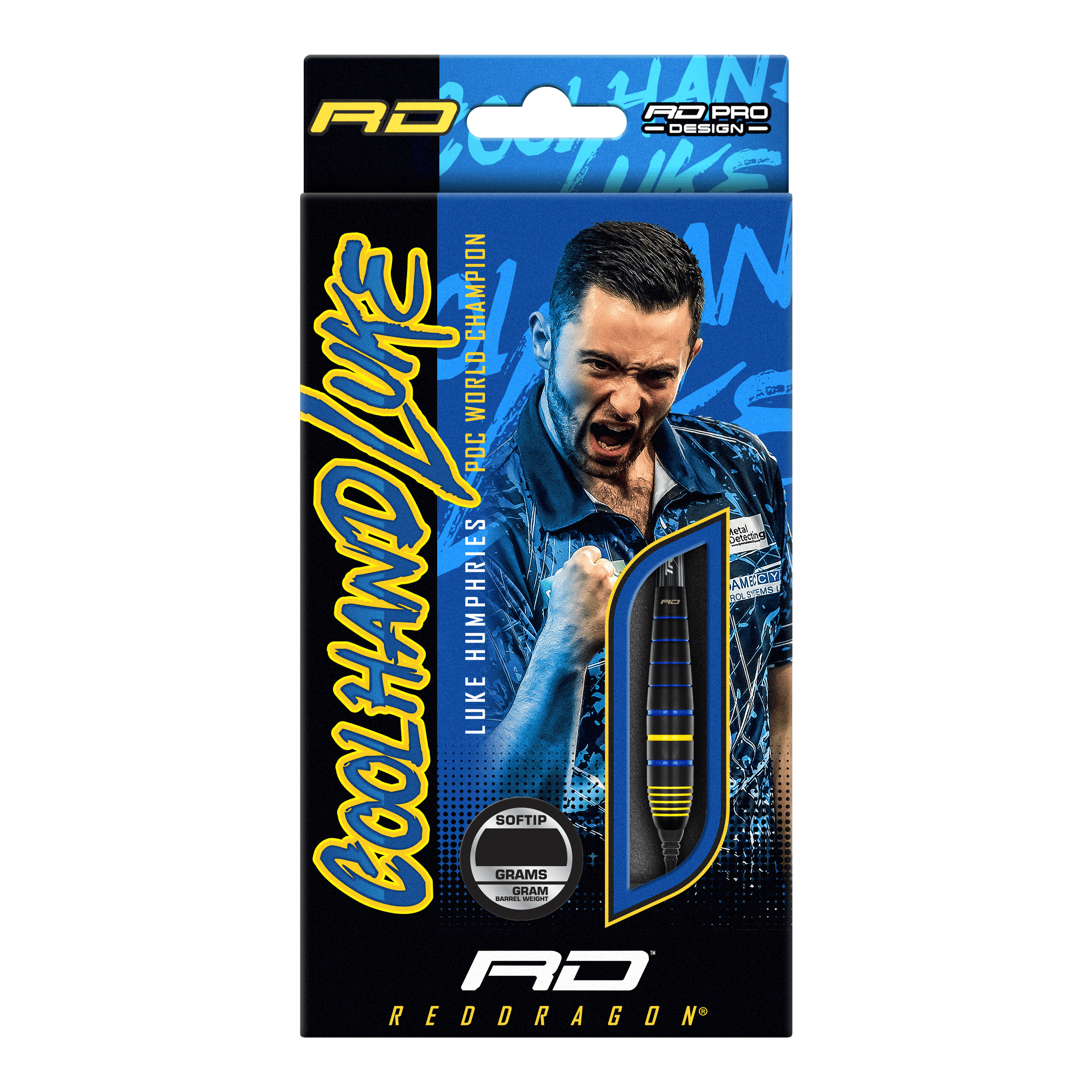Red Dragon Luke Humphries Wereldkampioen Messing Softdarts - 20g Auf der Verpackung ist der Red Dragon Luke Humphries World Champion Brass Softdart mit 20g zu sehen. Im Hintergrund befindet sich ein jubelnder Mann in blauem Hemd.