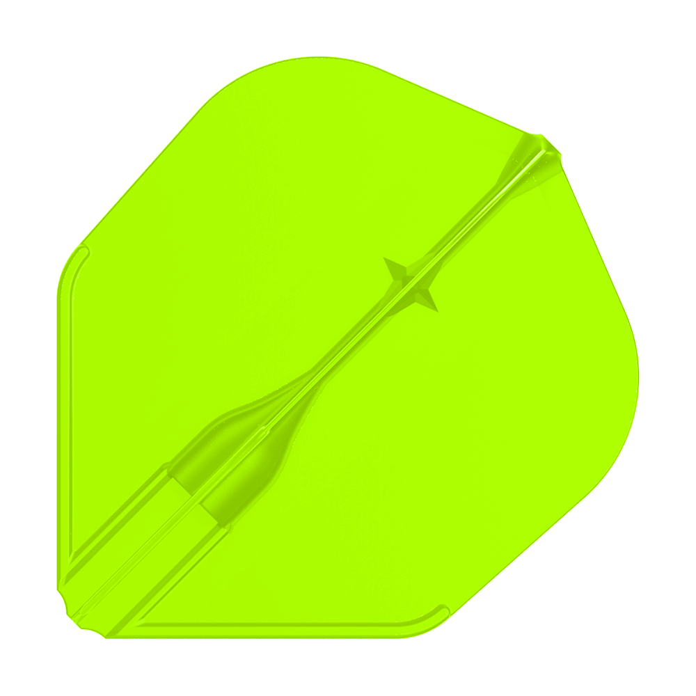 L-L-Style3EZ-vluchten Das Bild zeigt eine leuchtend grüne Dartflight-Flosse. Sie hat eine leicht transparente Oberfläche und eine klassische Form.