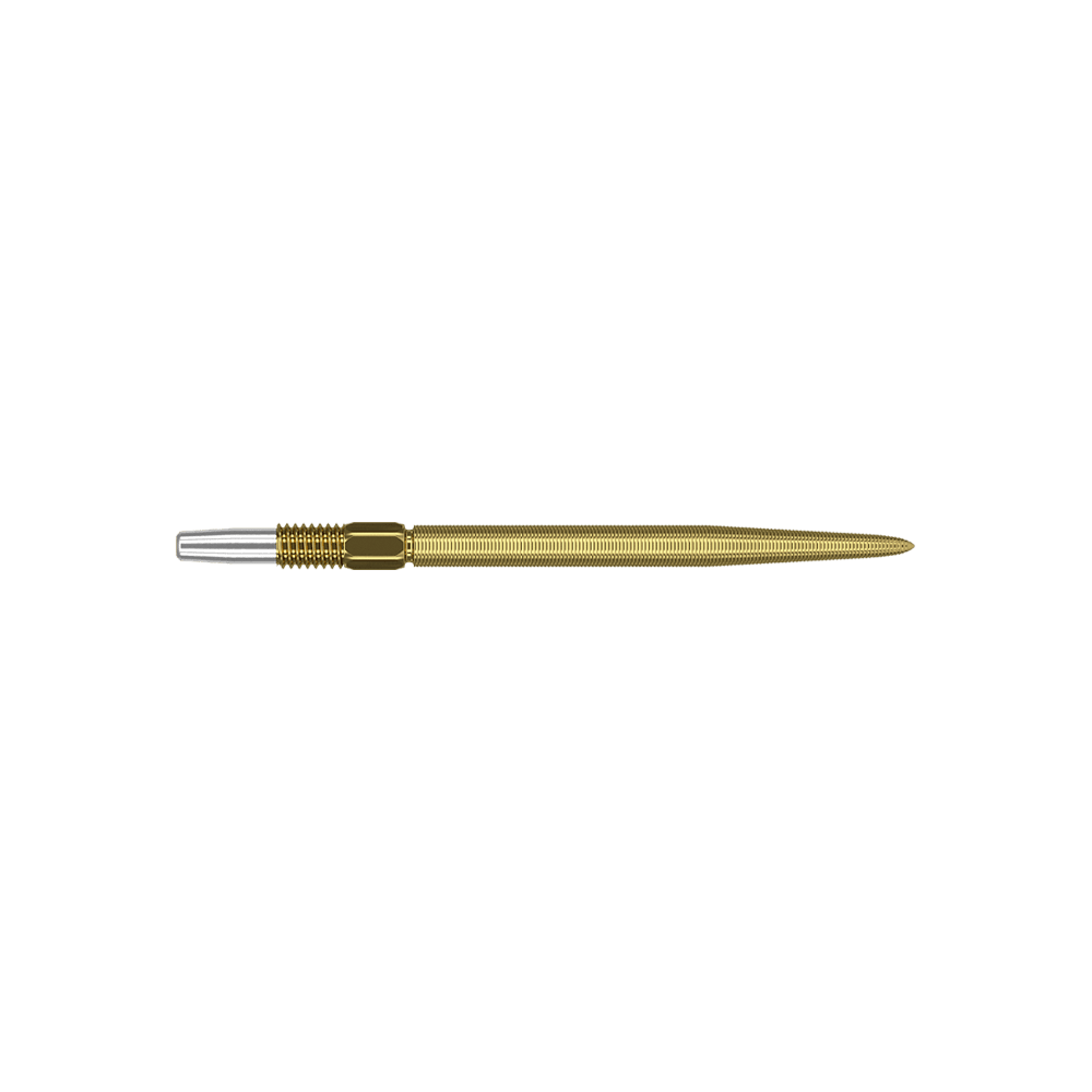 Target Swiss Point Nano Dartpunten - Goud Dies ist eine goldfarbene Dartspitze mit feiner Riffelung. Sie hat am Ende ein silbernes Verbindungsstück.