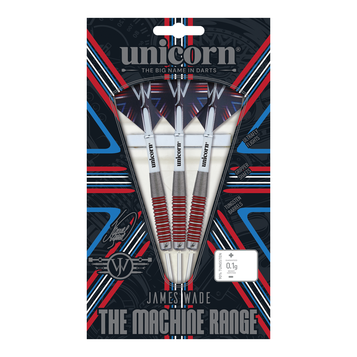 Unicorn The Machine James Wade 90% stalen darts Das Bild zeigt eine Verpackung mit drei Steeldarts der Marke "Unicorn" aus der "James Wade The Machine Range". Die Darts bestehen zu 90% aus Tungsten und haben rote und silberne Akzente.