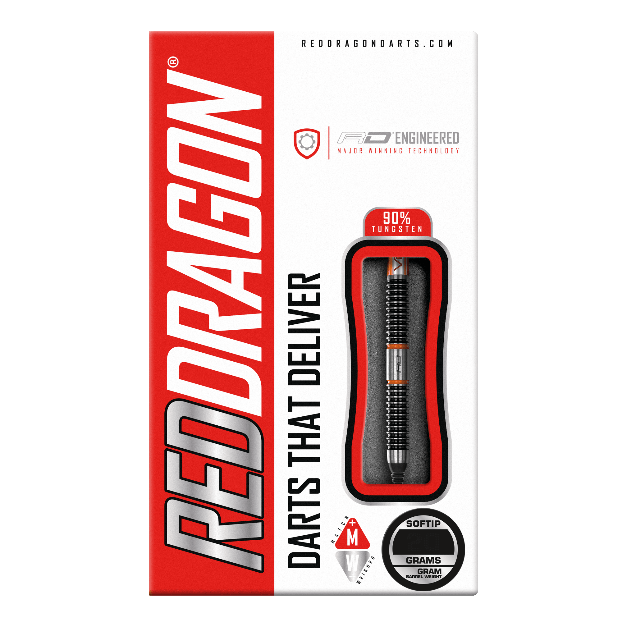 Red Dragon Amberjack 18 zachte darts - 20g Auf dem Bild ist die Verpackung der "Red Dragon Amberjack 18 Softdarts - 20g" zu sehen. Die Verpackung ist überwiegend rot und weiß und zeigt einen Softdart mit 90% Tungsten.