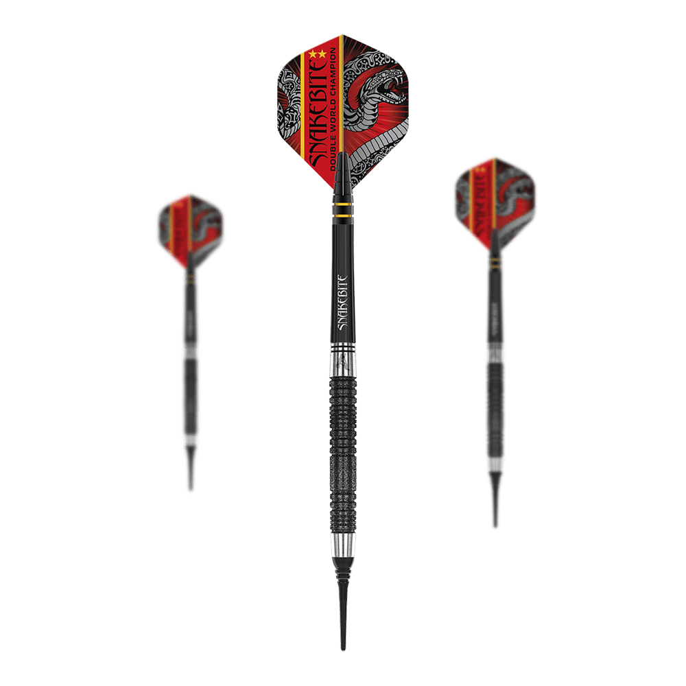 Das Bild zeigt drei schwarze Softdarts mit dem Namen "Red Dragon Peter Wright Double World Champion SE Black - 20g". Die Flights sind rot-schwarz gestaltet und tragen den Schriftzug "Snakebite Double World Champion".