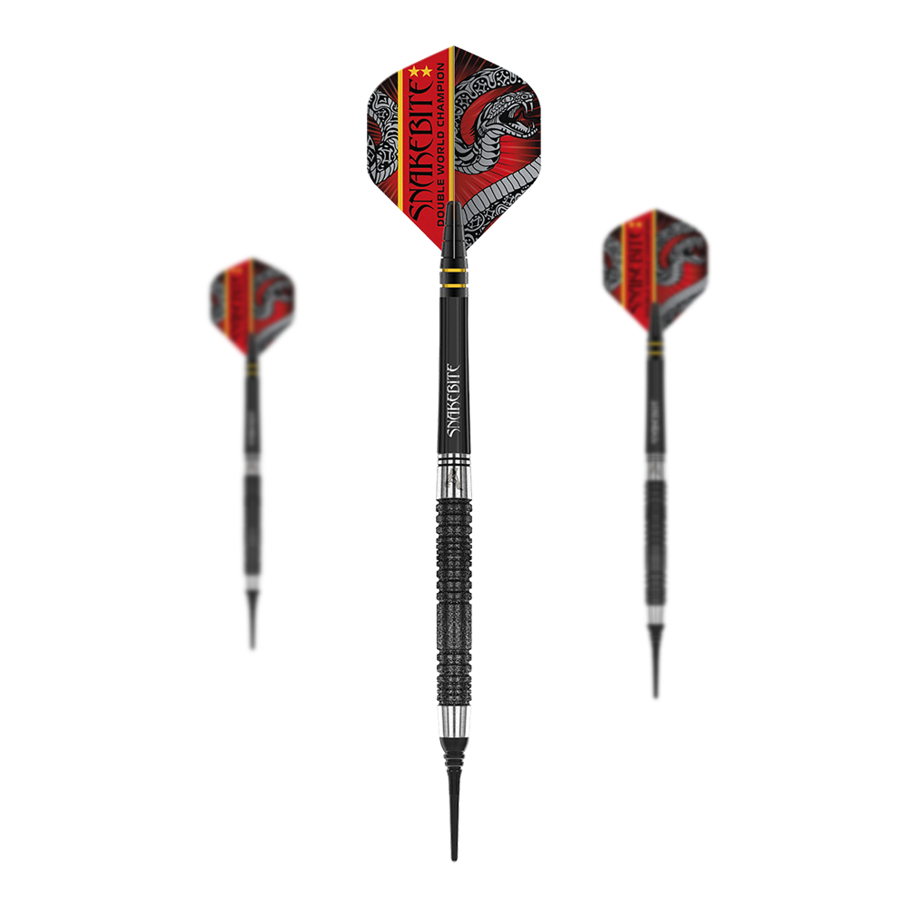 Red Dragon Peter Wright Double World Champion SE Black Softdarts - 20g Das Bild zeigt drei schwarze Softdarts mit dem Namen "Red Dragon Peter Wright Double World Champion SE Black - 20g". Die Flights sind rot-schwarz gestaltet und tragen den Schriftzug "Snakebite Double World Champion".