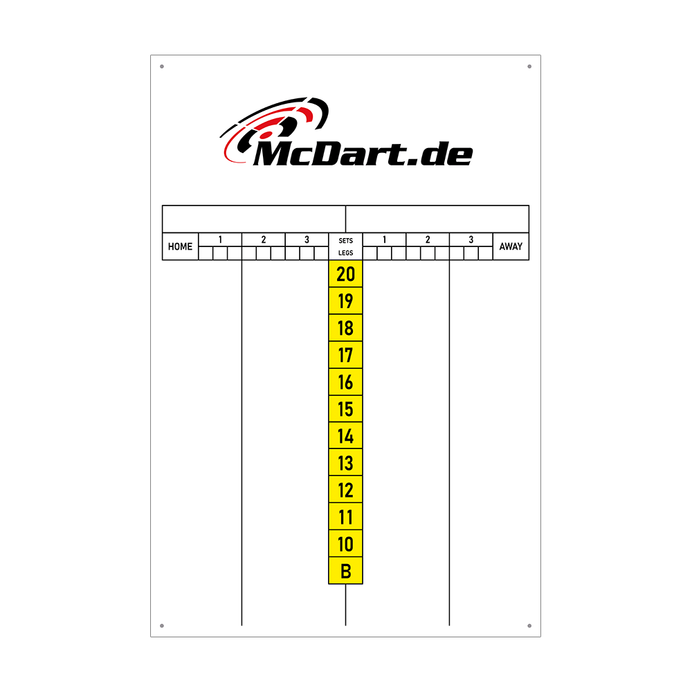 SCORE3_McDart_Scoreboard_40x60cm_Gelb_1 Das Bild zeigt eine Anzeigetafel für Darts mit der Aufschrift "McDart.de" oben. In der Mitte sind gelbe Kästchen mit den Zahlen 20 bis 10 und dem Buchstaben B aufgereiht.