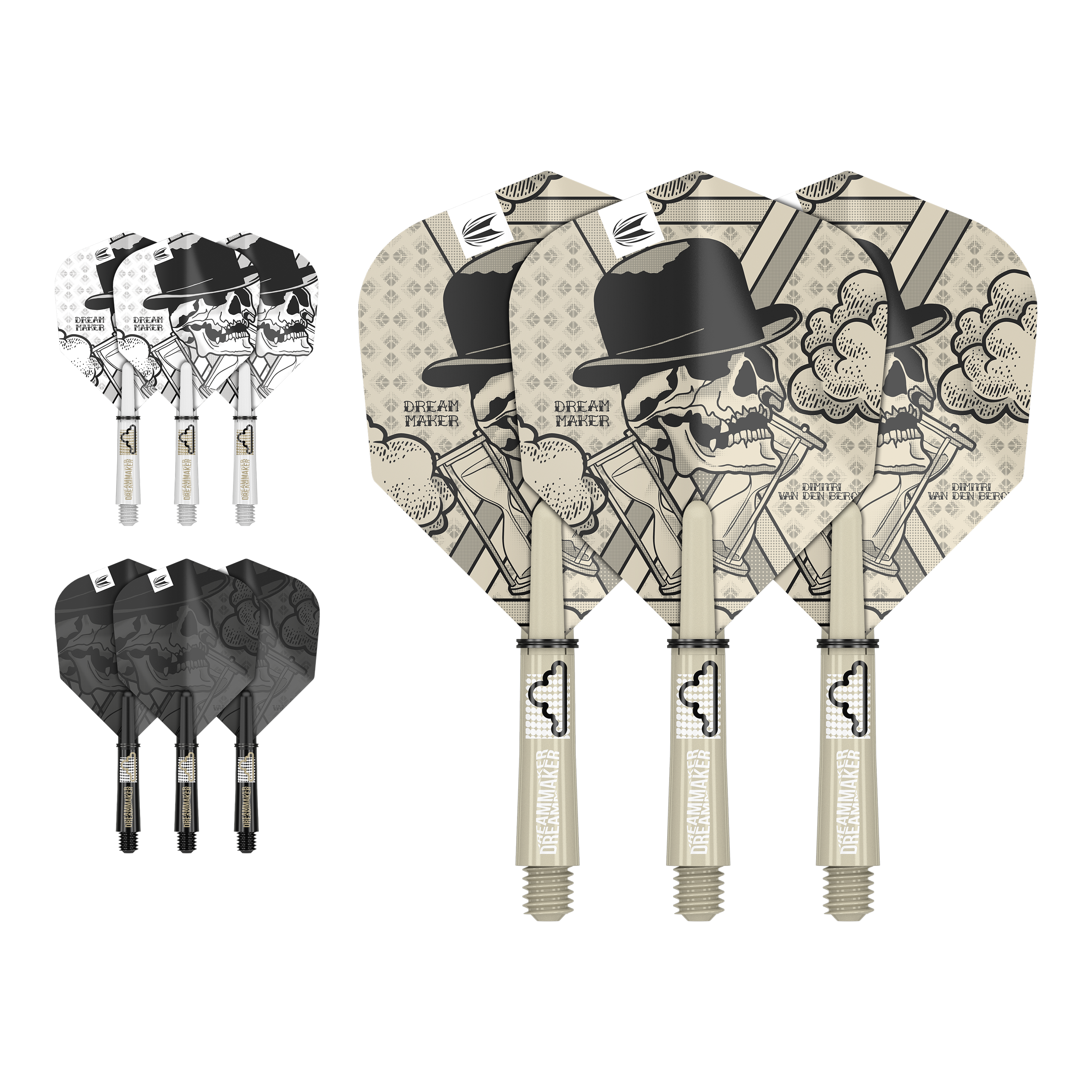 Target Ink Flight Shaft Kit Dimitri Van Den Bergh Das Bild zeigt drei unterschiedlich gestaltete Dartflights und -schäfte mit einem Totenkopf-Motiv und dem Text "Dream Maker". Die Designs sind in den Farben Beige, Schwarz und Weiß gehalten.