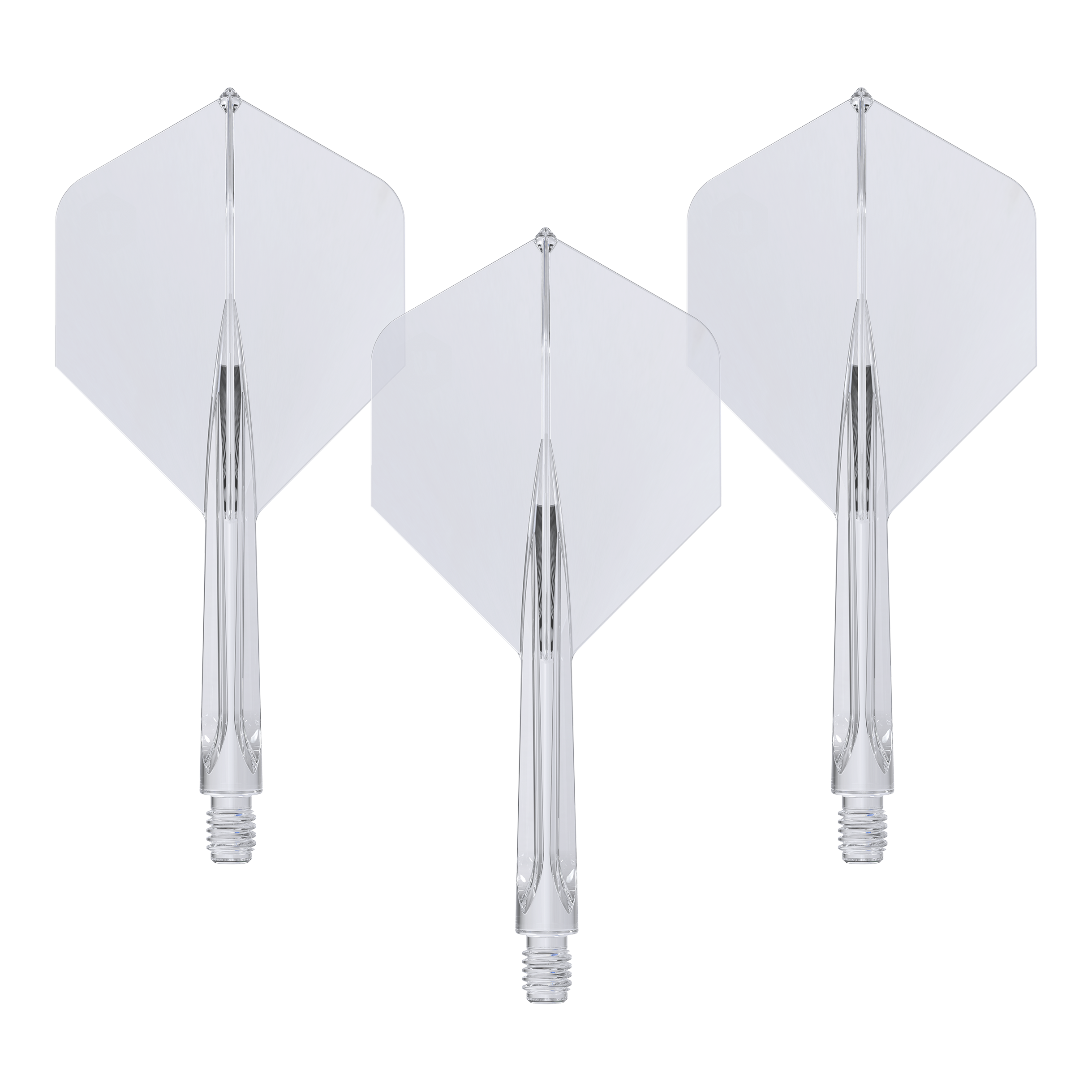 Unicorn Forge All In One Plus No2 Standaard Vluchten Helder - Medium Das Bild zeigt drei klare, mittellange Unicorn Forge All In One Plus No2 Standard Flights. Sie sind durchsichtig und haben eine integrierte Flight- und Schaft-Konstruktion.