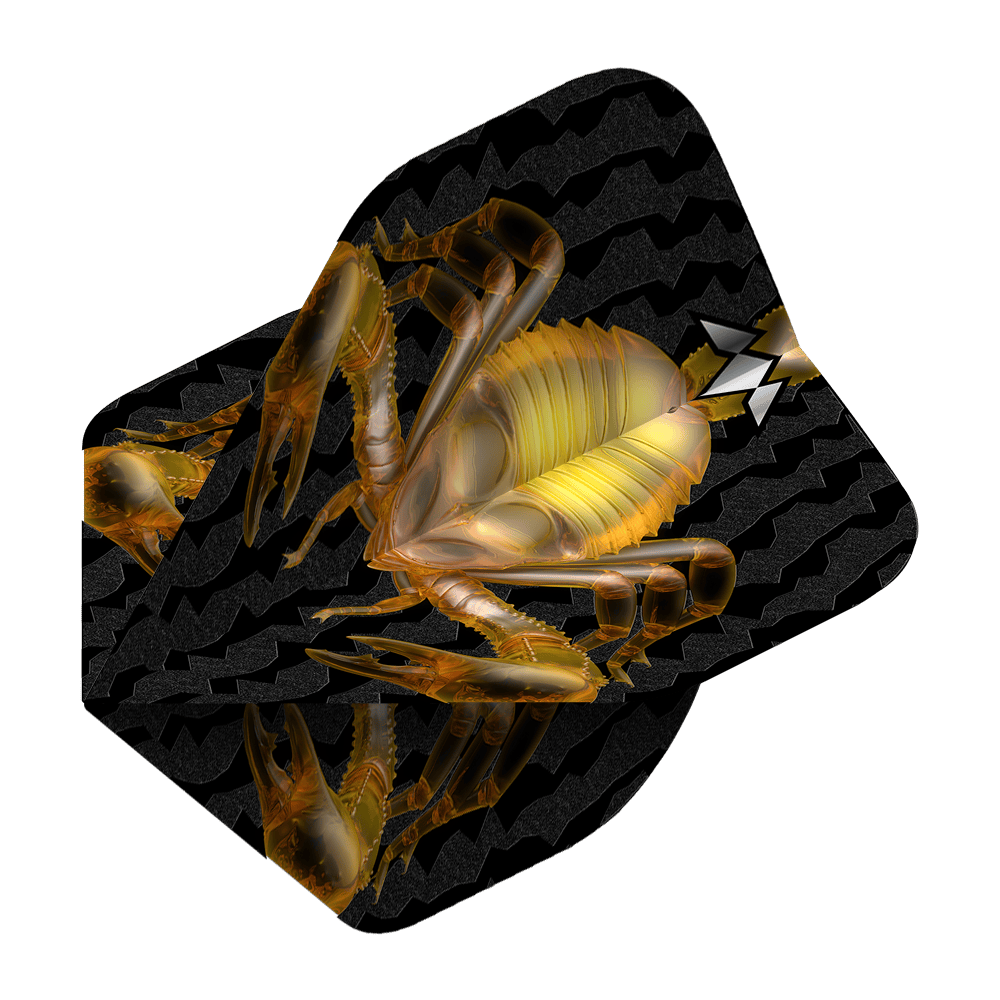 Mission Solo Scorpion No2 Standaardvluchten Das Bild zeigt ein schwarzes Dartflugblatt mit einem goldenen Skorpion-Design in der Mitte. Im Hintergrund sind wellenförmige Muster zu sehen.