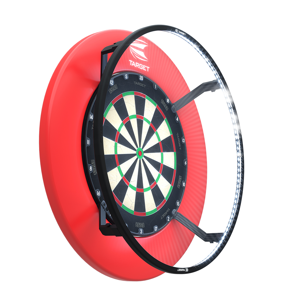 Target CORONA Vision LED-dartbordverlichtingssysteem Das Bild zeigt das Target CORONA Vision LED Dartboard-Beleuchtungssystem an einer Dartscheibe montiert. Ein LED-Ring sorgt für eine gleichmäßige Ausleuchtung der gesamten Spielfläche.
