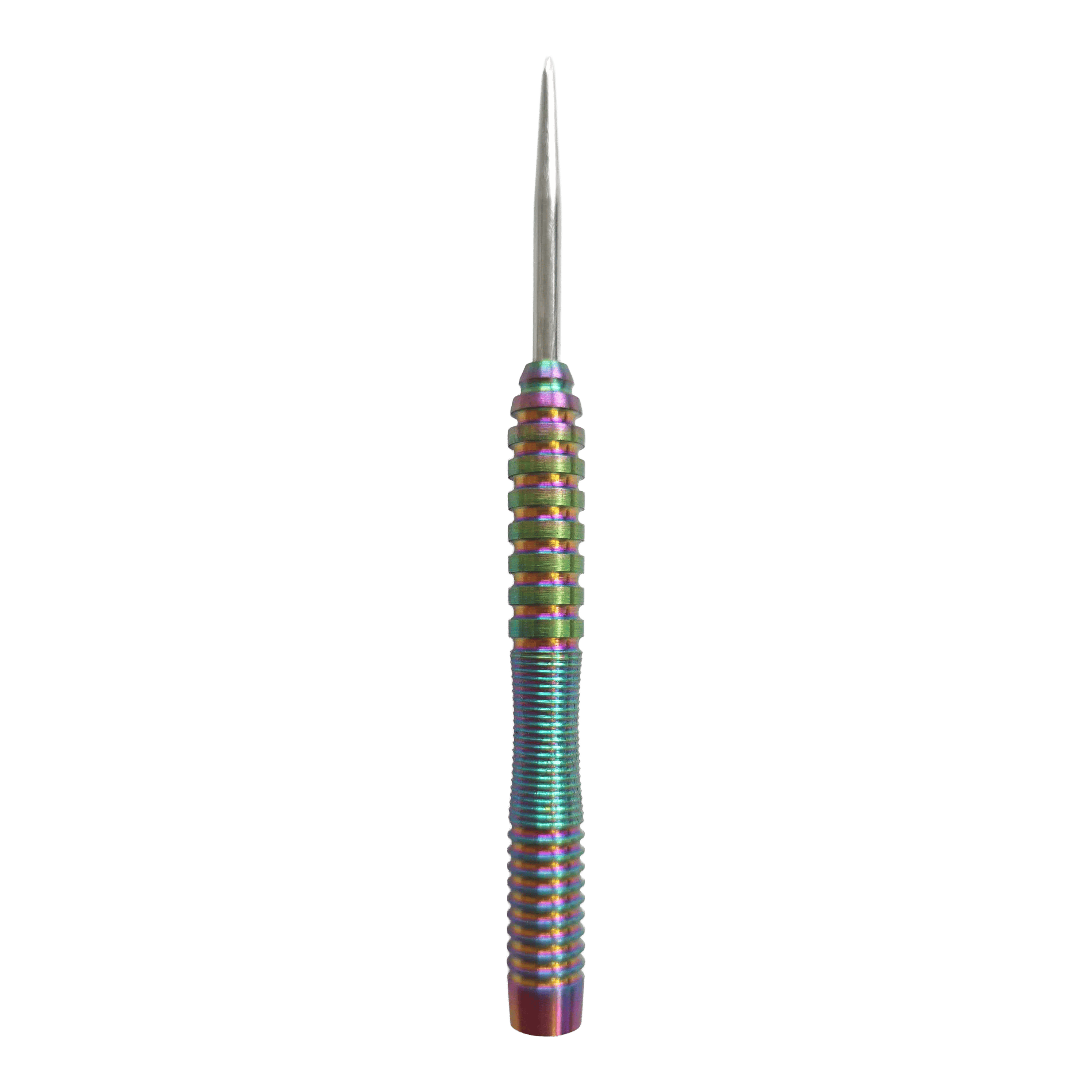 McDart Rainbow 3 stalen dartpijlen - 22 g Das Bild zeigt die McDart Rainbow 3 Steeldart-Barrels - 22g. Es handelt sich um Dart-Barrels mit auffälligem Regenbogen-Design.