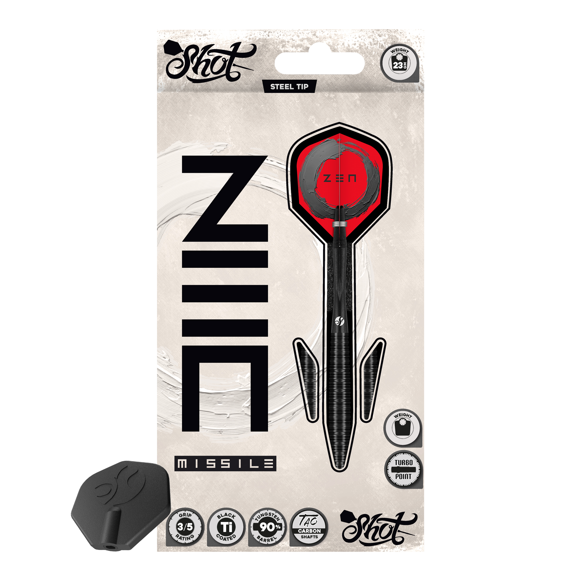 Shot ZEN Missile Turbo Point stalen pijltjes - 23 g Das Bild präsentiert die Shot ZEN Missile Turbo Point Steeldarts - 23g. Diese sind besonders präzise und griffig gestaltet.