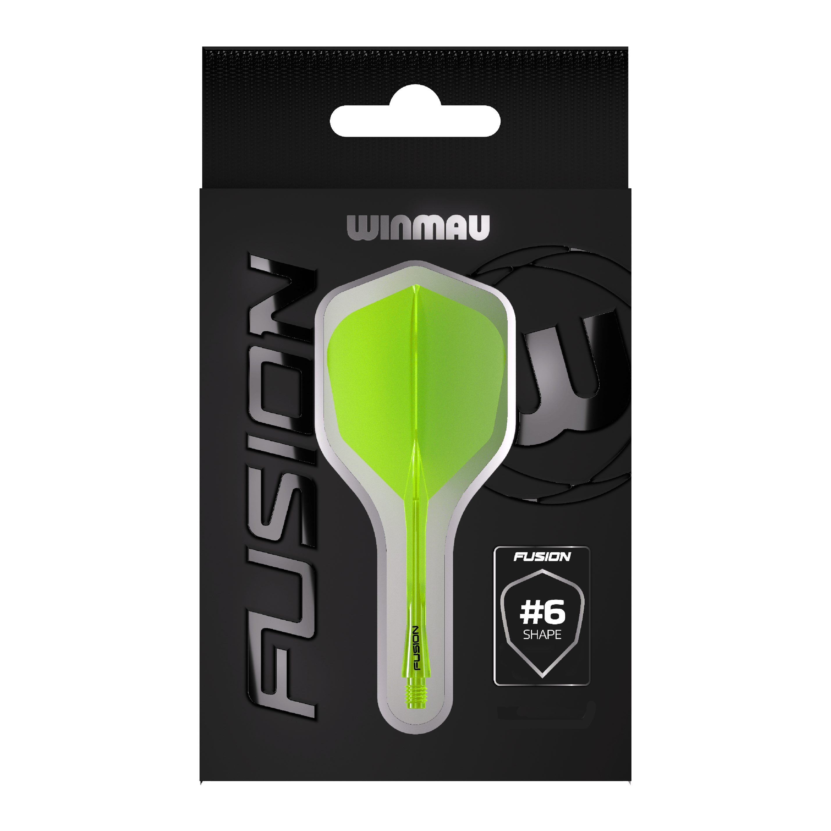 Winmau Fusion Flight Shaft System No6 Neon Geel Auf dem Bild ist eine Packung Winmau Fusion Flight Shaft System in Neon-Gelb zu sehen. In der Mitte der Verpackung befindet sich ein Flightsystem in Form #6.