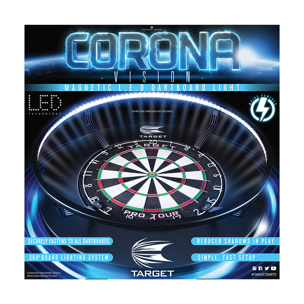 Target CORONA Vision LED-dartbordverlichtingssysteem Das Bild zeigt das Produkt „Target CORONA Vision LED Dartboard Lighting System“, das einen Dartboard-Beleuchtungsring darstellt. Es hebt die LED-Technologie und eine gleichmäßige Ausleuchtung für weniger Schatten beim Dartspielen hervor.