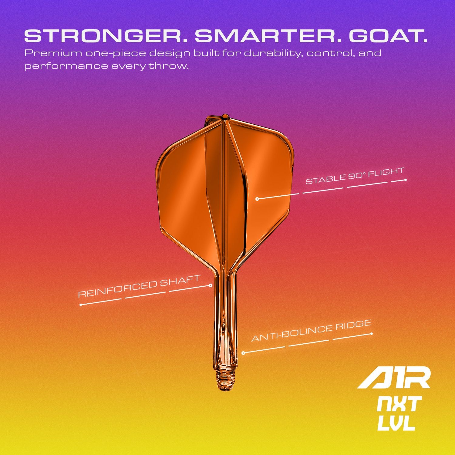 GOAT A1R No6 Flight Shaft System - Neon Oranje Das GOAT A1R No6 Flight-Shaft-System in Neon Orange ist auf diesem Bild abgebildet. Die farbenfrohe Gestaltung macht es besonders ansprechend für Dartspieler.