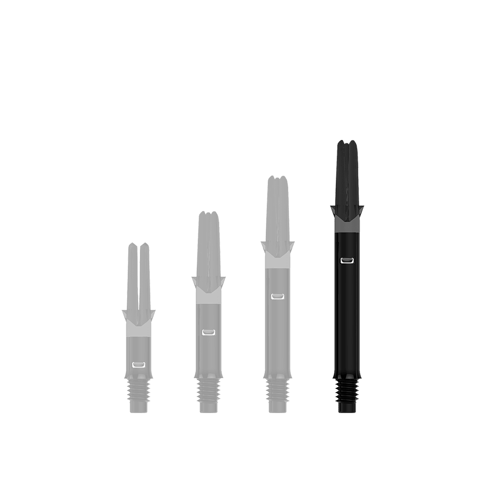 L-L-Style-Shafts Silent Straight - Zwart Auf dem Bild sind drei schwarze Dartschäfte in unterschiedlicher Länge zu sehen. Sie stehen nebeneinander aufrecht auf einem neutralen Hintergrund.