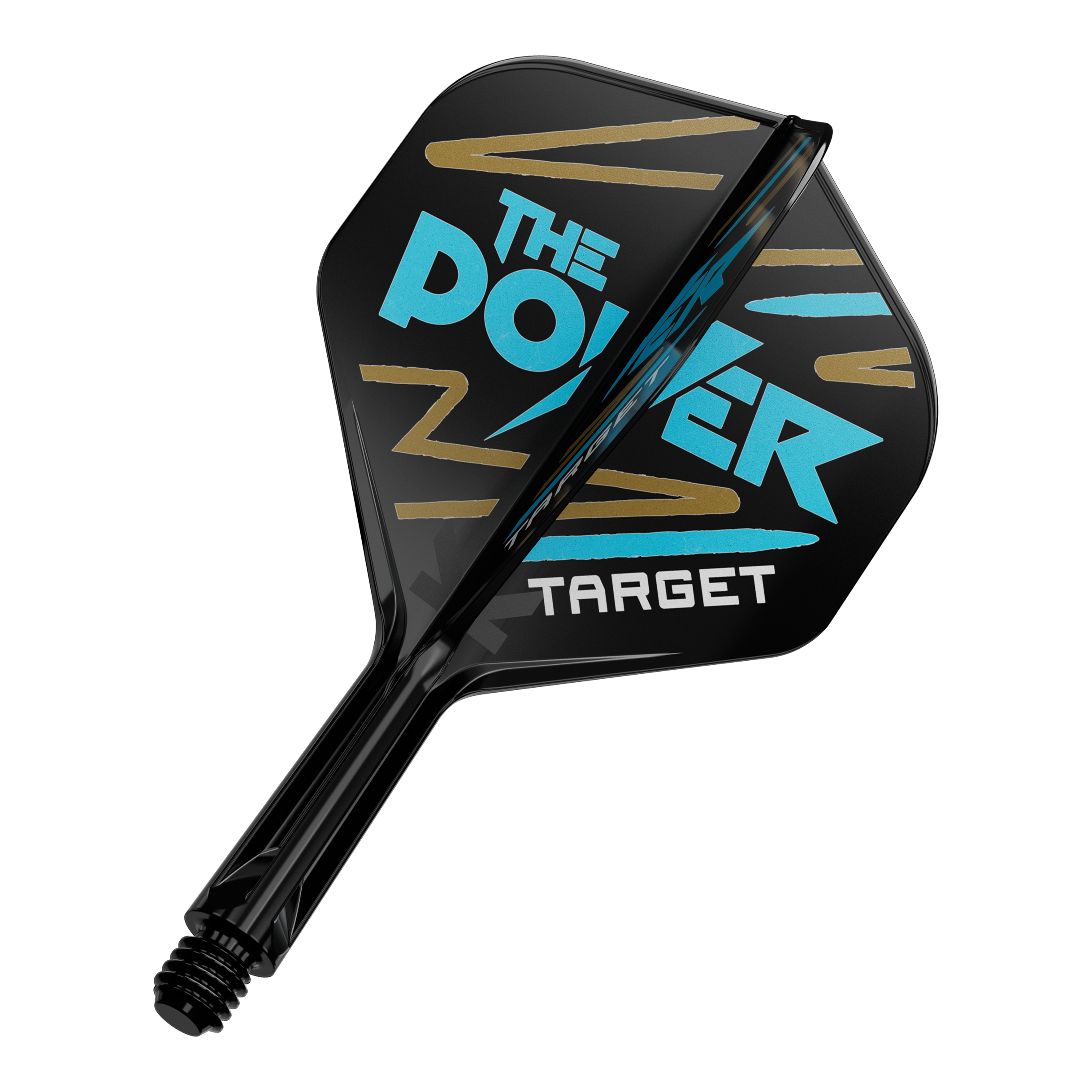 Target K-Flex Phil Taylor No2 Standaard Vluchtas Systeem Das Bild zeigt einen schwarzen Dartflight mit der Aufschrift "THE POWER" in blauer Farbe. Darunter steht das Wort "TARGET" in weißer Schrift.
