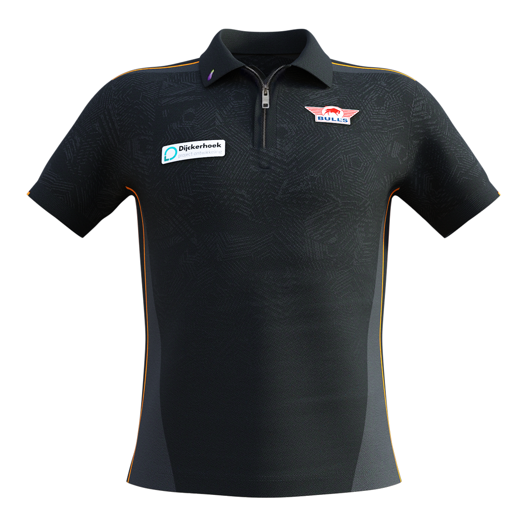 Bulls NL Dirk Van Duijvenbode wedstrijdshirt 2025 Das Bild zeigt ein schwarzes Matchshirt mit kurzen Ärmeln und orangefarbenen Akzenten. Auf der Brust sind das Bulls NL Logo und ein Sponsorenaufnäher zu sehen.