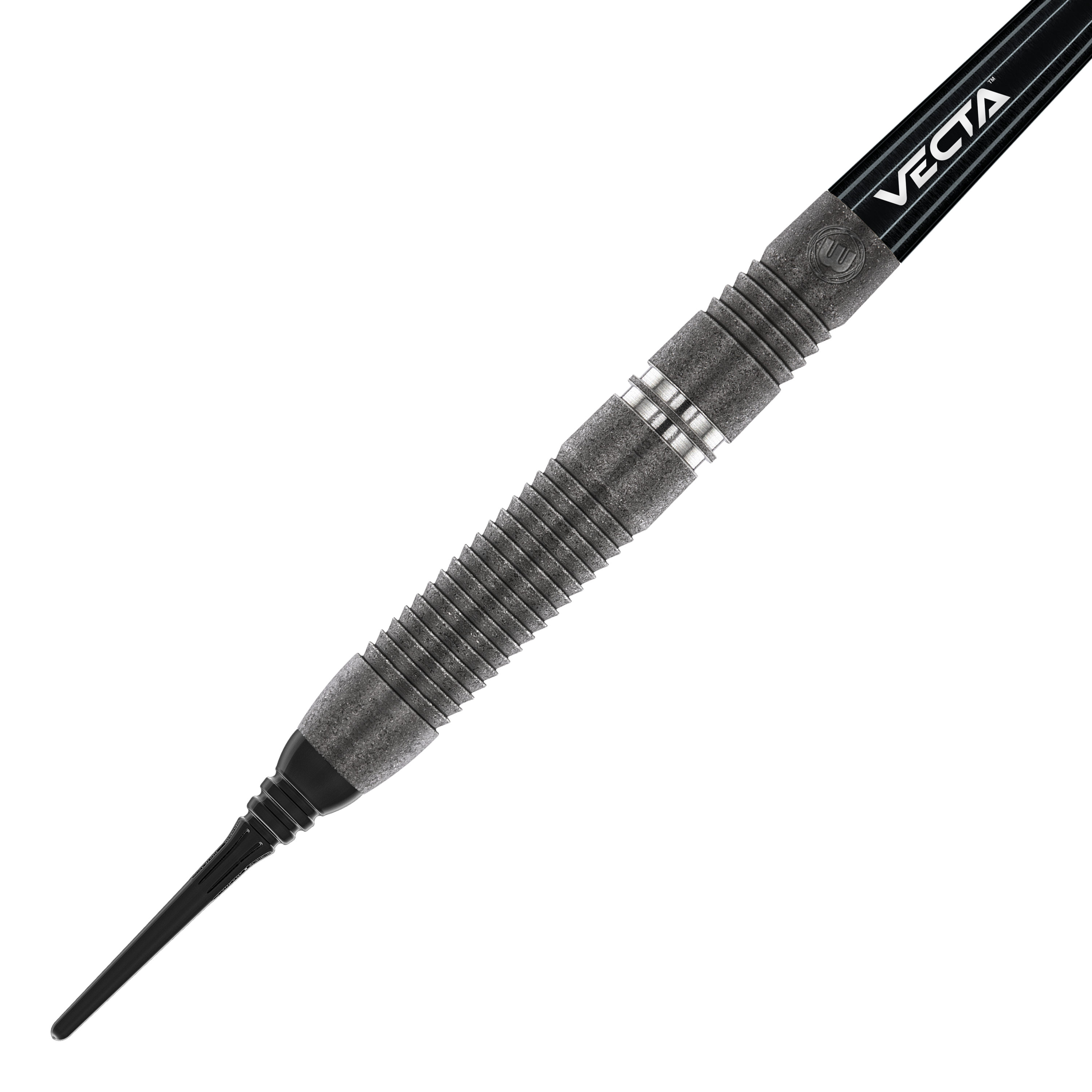 Das Bild zeigt einen Winmau Callisto 03 Softdart mit einem Gewicht von 20g. Der Dart hat ein modernes, schwarzes Design mit silbernen Ringen und strukturierter Griffzone.
