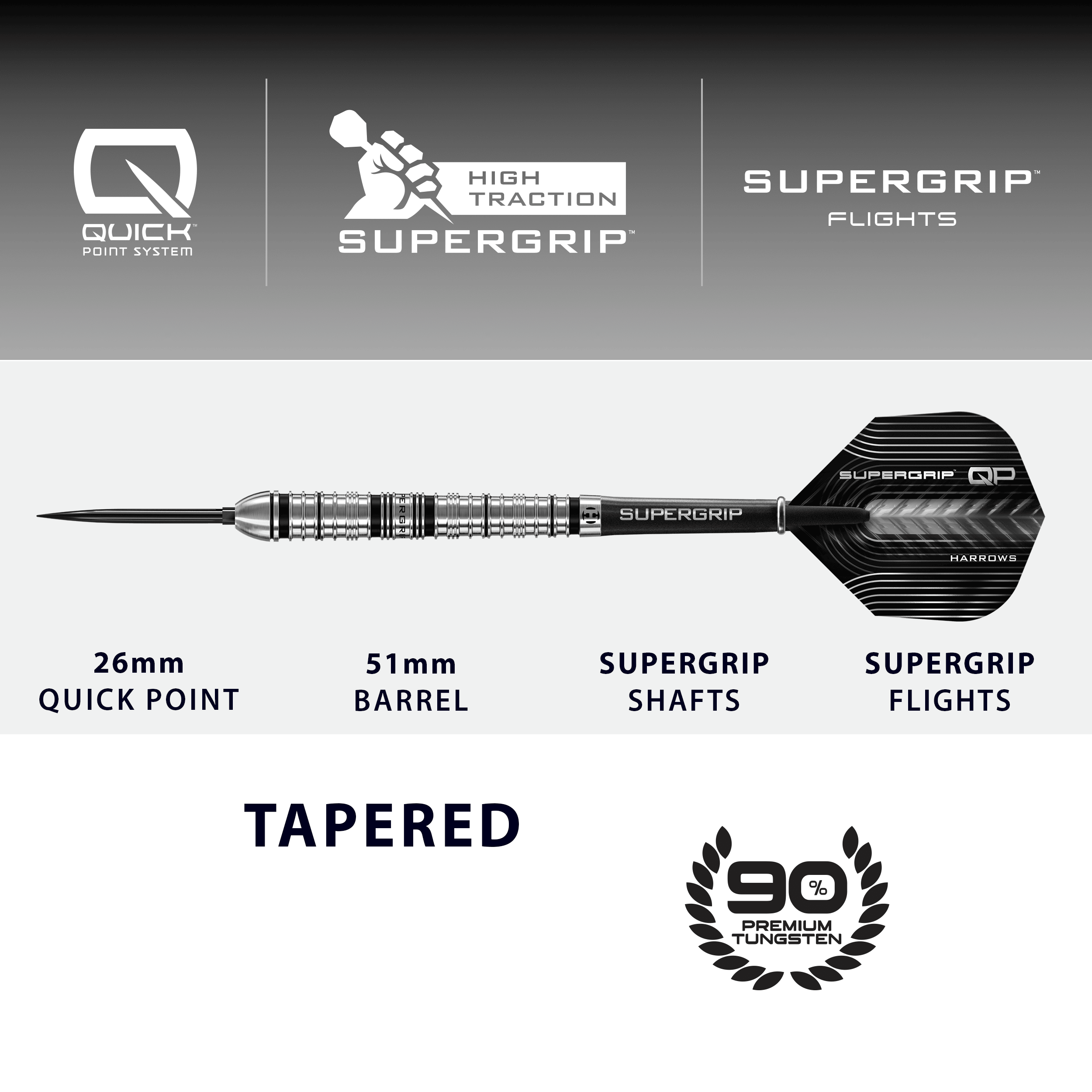 Harrows Supergrip Tapered Quick Point stalen dartpijlen Abgebildet sind die Harrows Supergrip QP Tapered Quick Point Steeldarts. Sie eignen sich ideal für ein präzises Dartspiel.