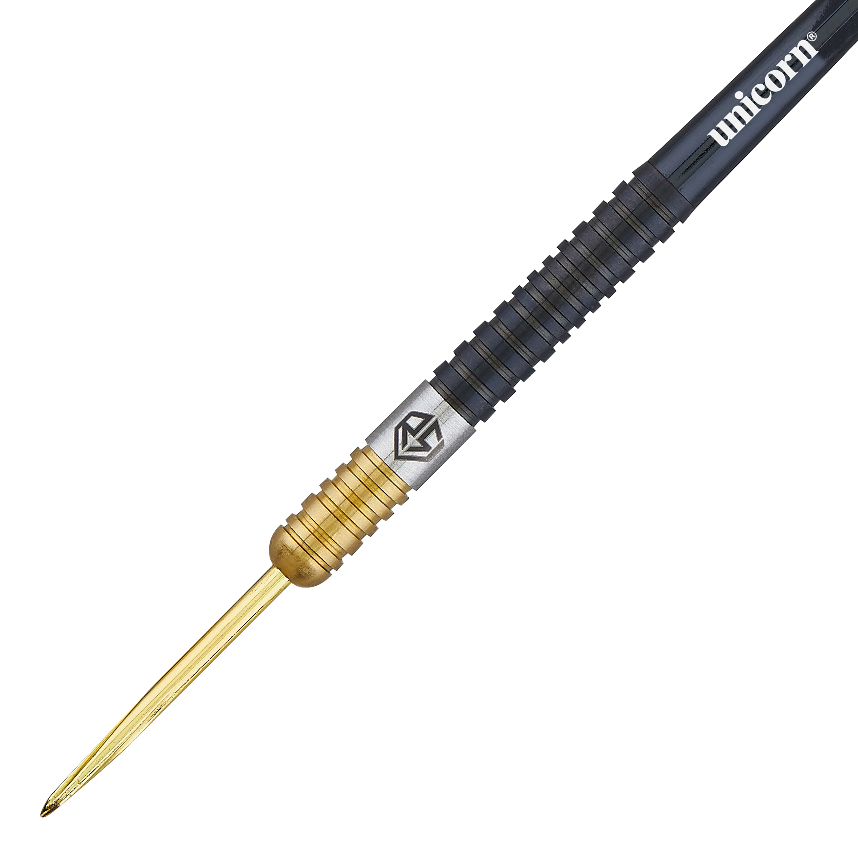 Unicorn Ross Smith Two-Tone Steel Darts Das Bild zeigt einen Steeldart aus der Unicorn Ross Smith Two-Tone Serie. Der Dart ist zweifarbig mit einem goldenen vorderen Teil und einem schwarzen hinteren Teil gestaltet.