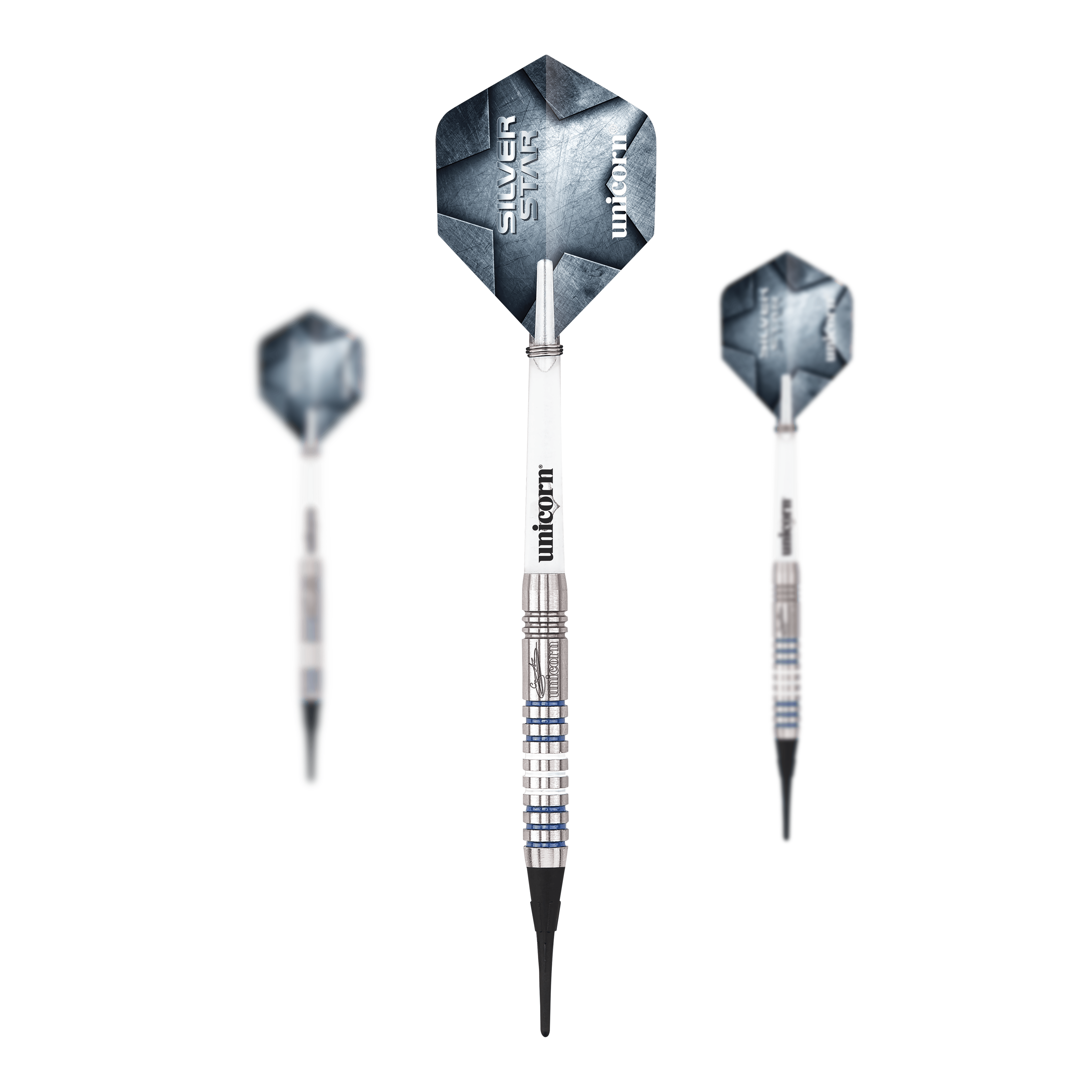 Unicorn Silver Star Var.3 Gary Anderson softdarts Das Produkt Unicorn Silver Star Var.3 Gary Anderson Softdarts ist als Set abgebildet. Man sieht die Dartpfeile in einer Verpackung angeordnet.