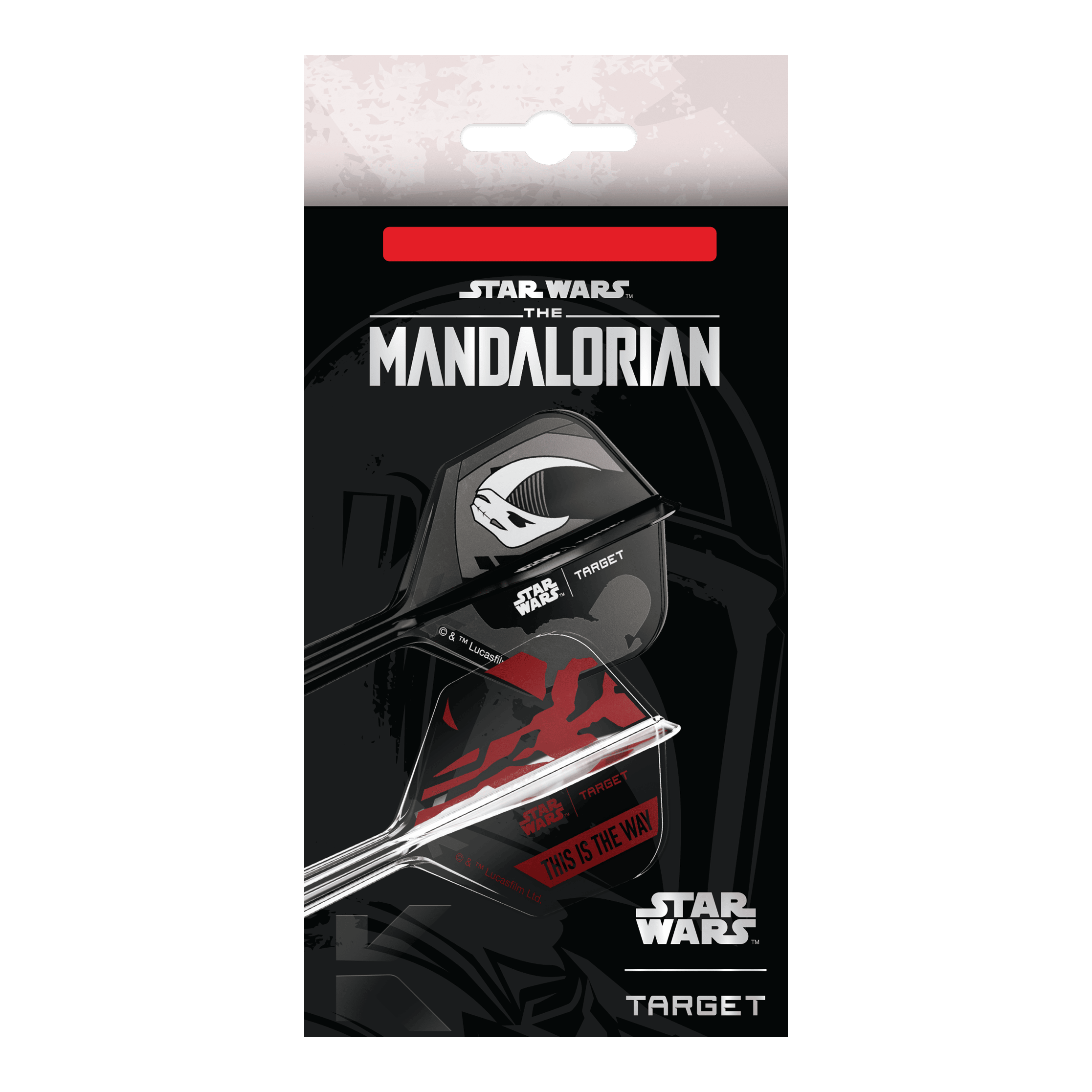 Target Star Wars K-Flex Set Mandalorian nr. 6 Flights Das Bild zeigt das Target Star Wars K-Flex-Set Mandalorian No6 Flights. Das Produkt ist ein Dart-Set mit Mandalorian-Design aus der Star Wars Reihe.