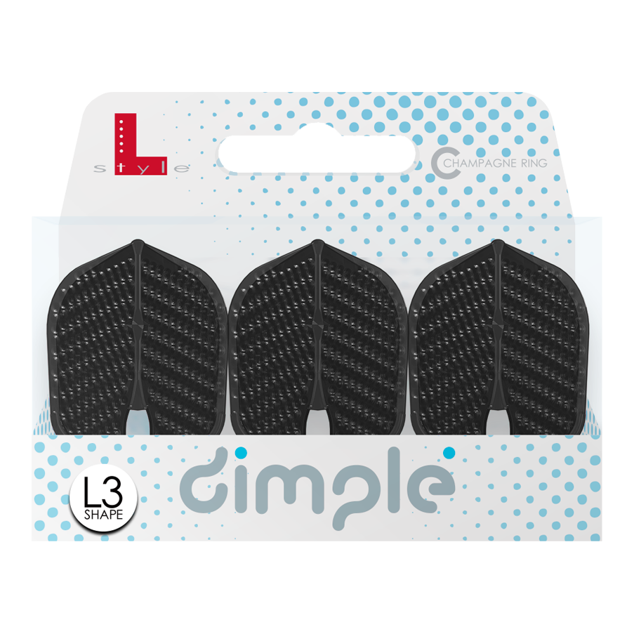 L-Style Flights Dimple Champagne L3PRO Shape Das Bild zeigt eine Packung mit drei schwarzen L-Style Flights Dimple im L3PRO Shape. Die Verpackung ist weiß mit blauen Punkten und der Aufschrift „dimple“.