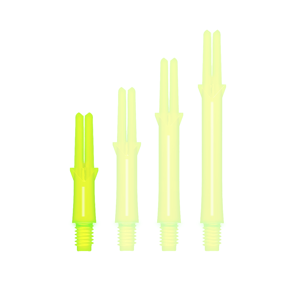 Auf dem Bild sind vier neon-gelbe Dart-Schäfte in verschiedenen Längen zu sehen. Sie haben ein gerades Design und ein Schraubgewinde am unteren Ende.