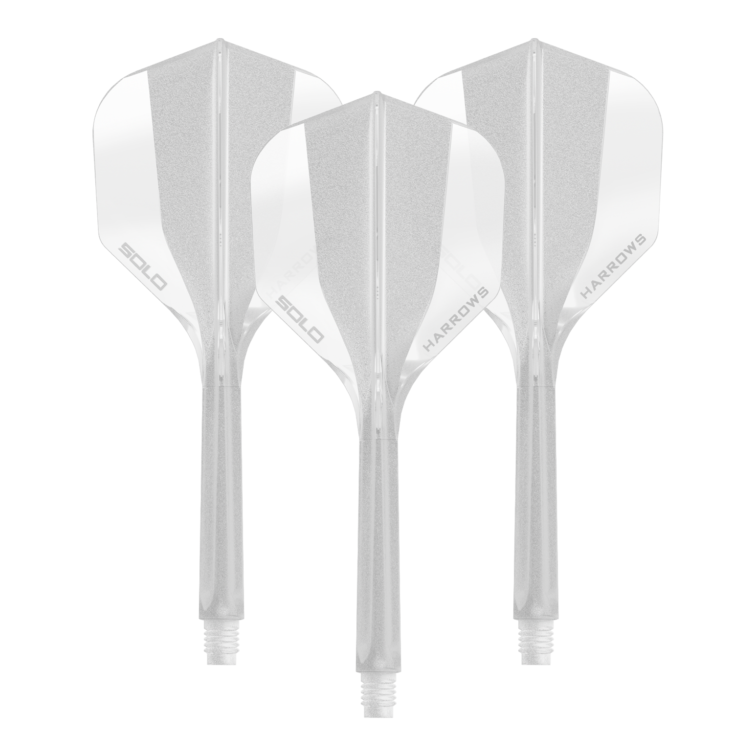 Harrows Solo No6 Flight Shaft System - Clear Ein transparentes Dart Flight Shaft System der Marke Harrows, Größe 35mm. Das Bild zeigt ein Set des No6 Solo Flight Shaft Systems in klarer Ausführung.