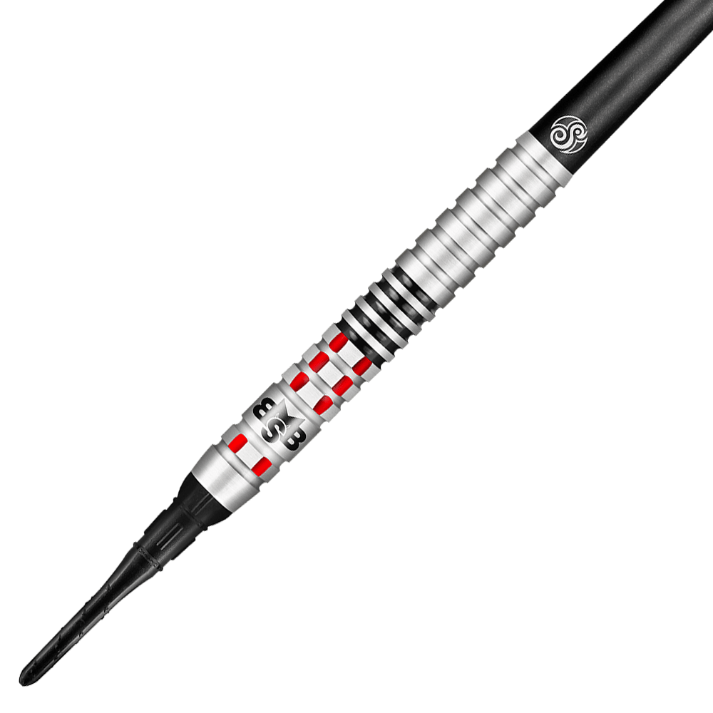 Shot Michael Smith bereikt zachte darts Das Bild zeigt einen Shot Michael Smith Achieve Softdart. Der Dartpfeil ist silberfarben mit roten und schwarzen Akzenten und hat eine strukturierte Griffzone.