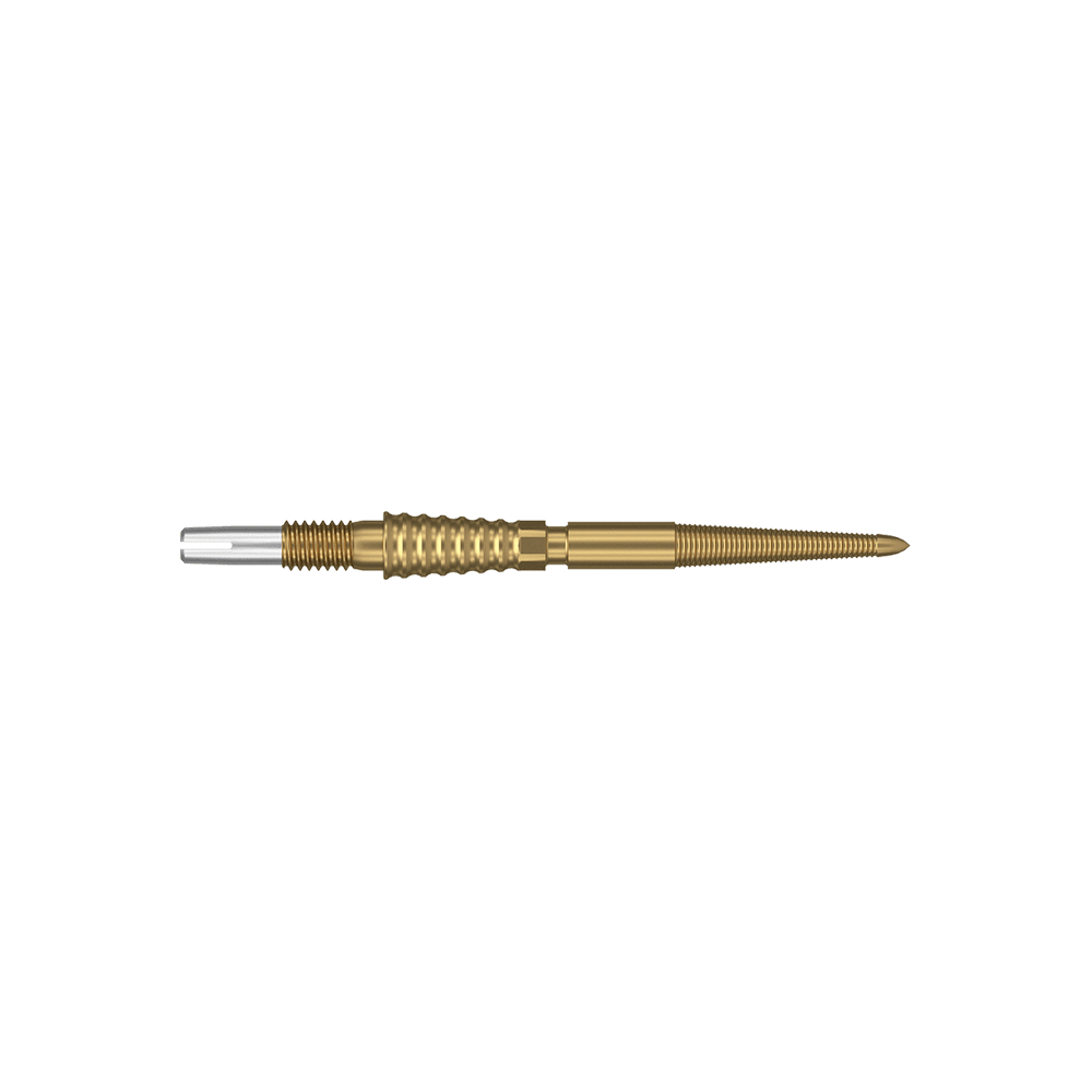 Target Swiss Storm LNC darttips - goud Das Bild zeigt eine goldfarbene Dartspitze mit feinen Rillen und Gewinden. Sie ist lang und schlank, mit einem silbernen Anschluss am hinteren Ende.