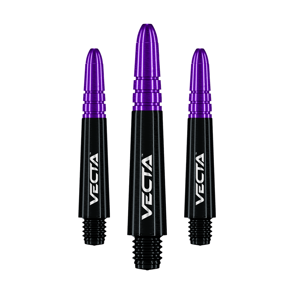 Auf dem Bild sind drei Dartschäfte in Schwarz und Lila zu sehen. Sie tragen die Aufschrift "VECTA" und haben ein modernes Design.