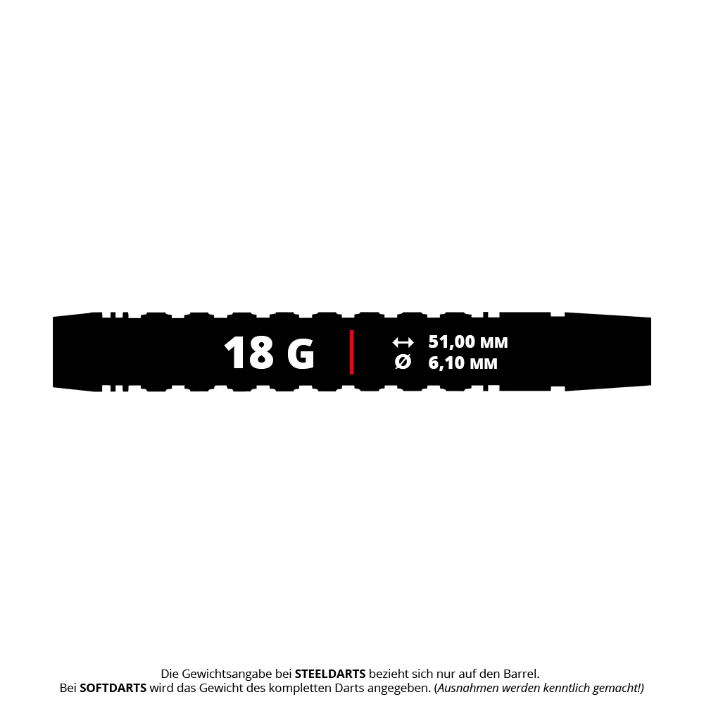 Harrow's Luke Woodhouse Series 2 Zachte Darts - 18g Das Bild zeigt die Maße und das Gewicht des Produkts "Harrows Luke Woodhouse Series 2 Softdarts - 18g". Der Softdart wiegt 18 Gramm, ist 51,00 mm lang und hat einen Durchmesser von 6,10 mm.