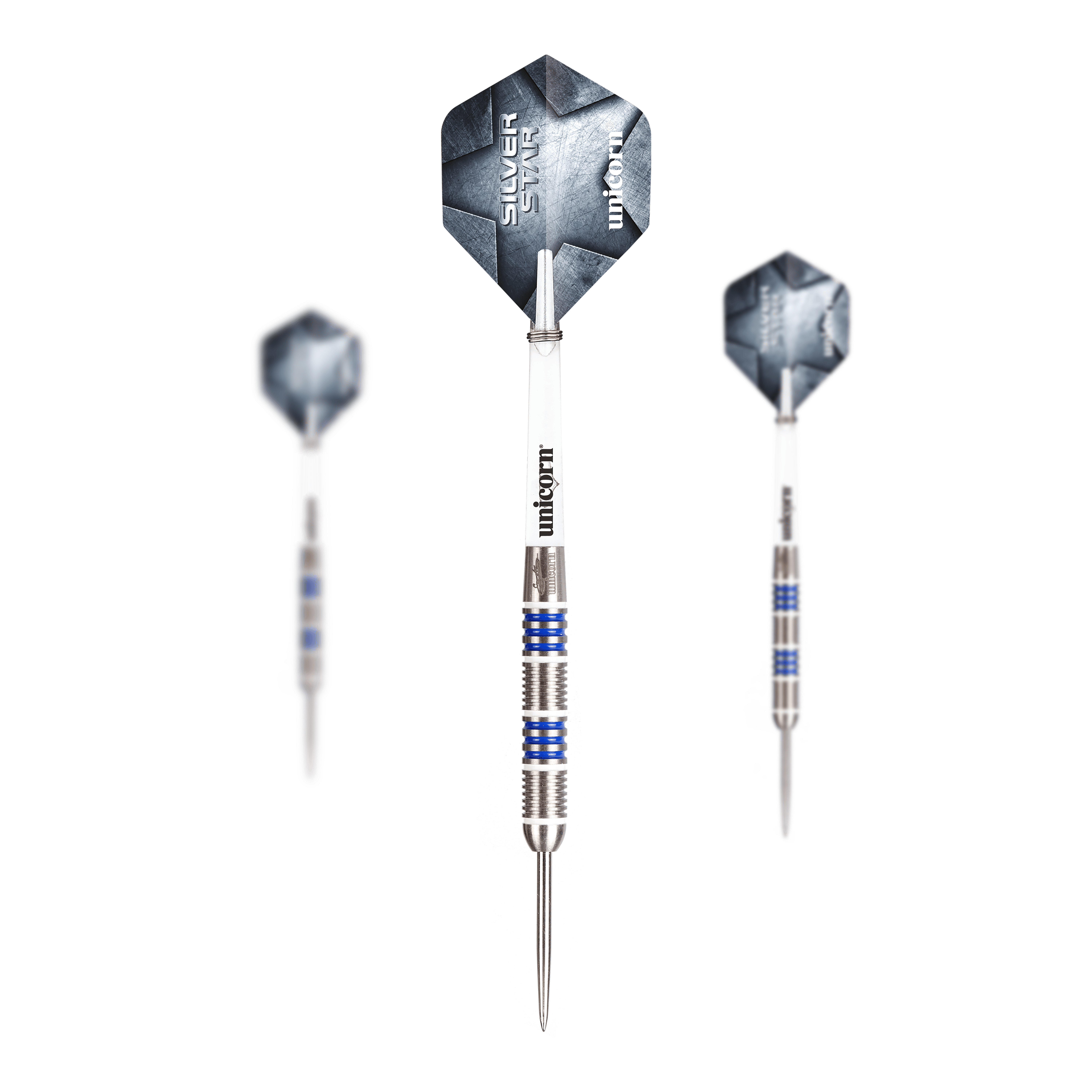 Unicorn Silver Star Var.4 Gary Anderson stalen dartpijlen Abgebildet ist ein Set Unicorn Silver Star Var.4 Gary Anderson Steeldarts. Das Set besteht aus mehreren silbernen Darts mit Flights.
