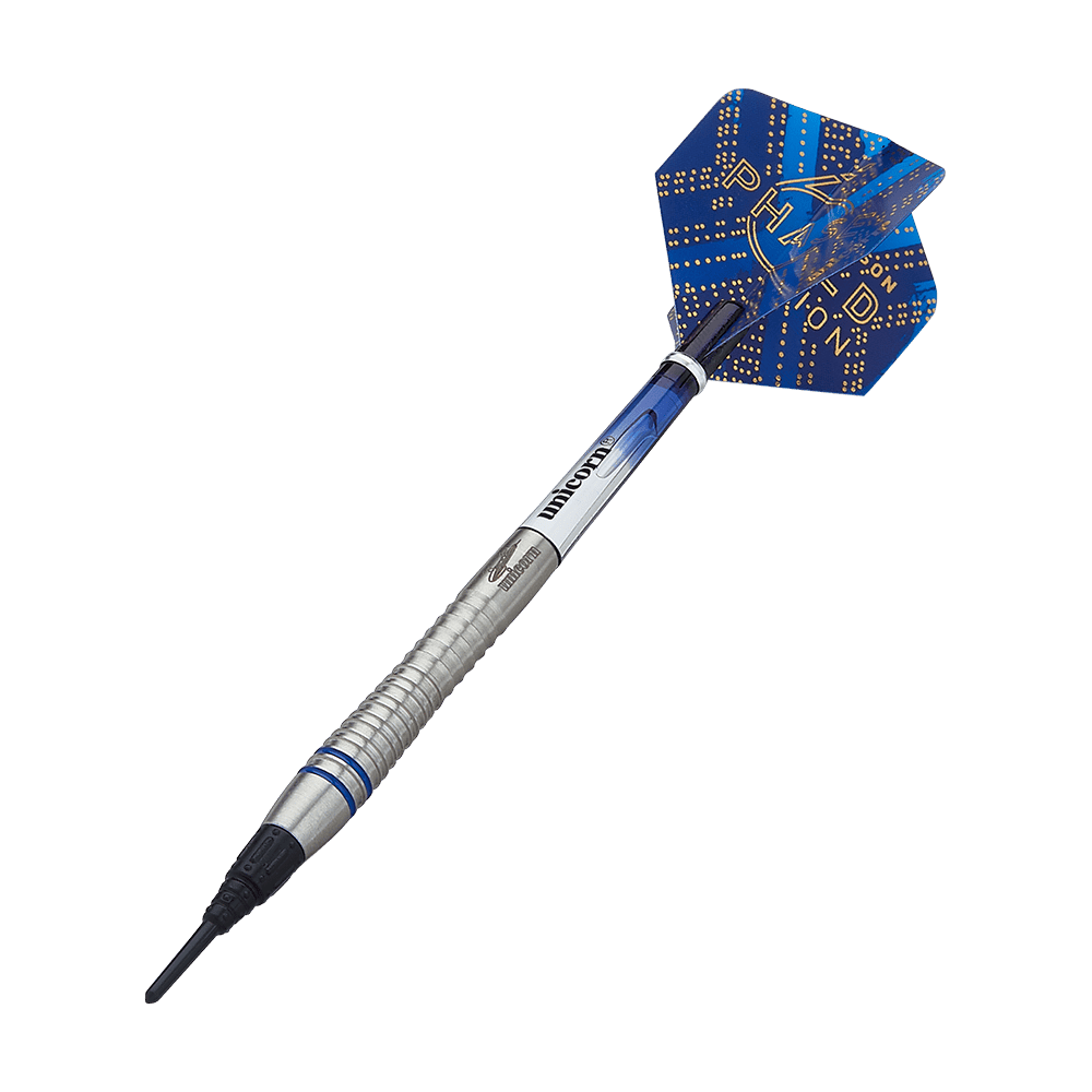 04504_Unicorn_World_Champion_Gary_Anderson_Phase_6_Softdarts_4 Auf dem Bild ist ein Softdartpfeil mit silbernem Schaft und blauer Flight-Spitze zu sehen. Der Flight ist mit gelben Punkten und der Aufschrift "PHASE 6" verziert.