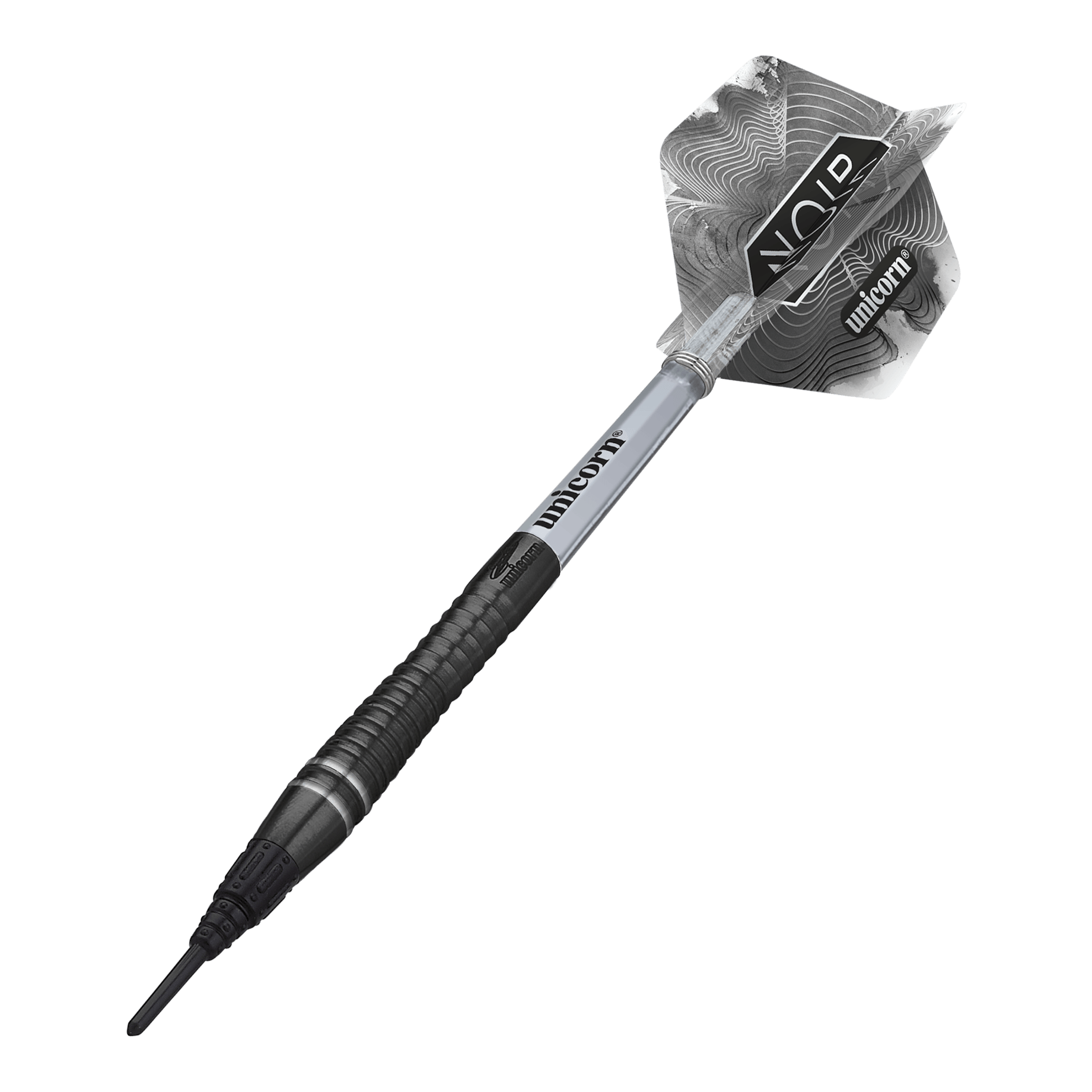 Unicorn Wereldkampioen Gary Anderson Noir Fase 6 Soft Darts Das Bild zeigt einen Unicorn World Champion Gary Anderson Noir Phase 6 Softdart. Der Dartpfeil ist schwarz-silbern und hat ein modernes, gemustertes Flight-Design.