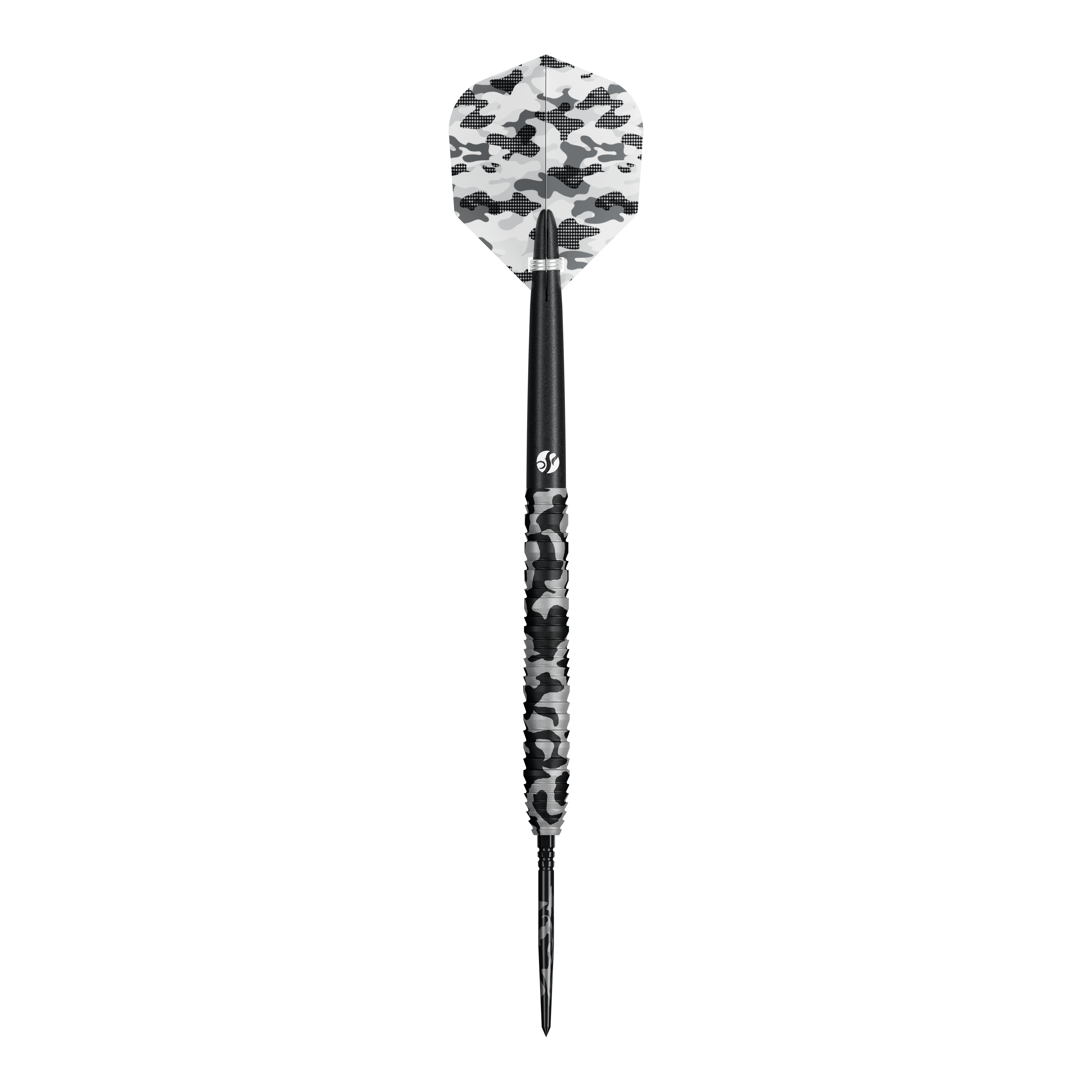 Shot Camo Polar Turbo Point Steeldarts Ein Satz Steeldarts mit besonderem Muster ist zu erkennen. Die Darts sind aufgereiht dargestellt.