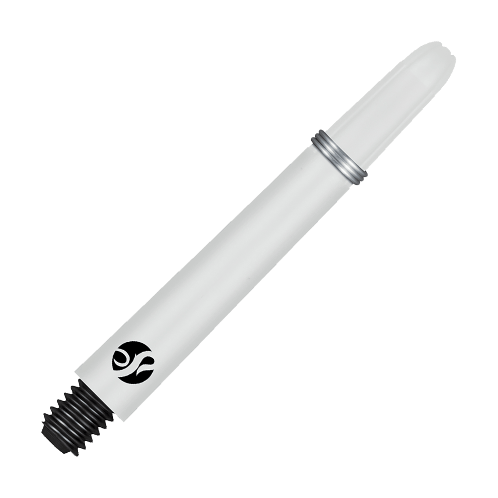 Shot Koi Carbon Shafts - Wit Das Bild zeigt einen weißen Carbon-Schaft mit einem schwarzen Gewinde und silbernem Ring. Auf dem Schaft ist ein schwarzes Logo zu sehen.