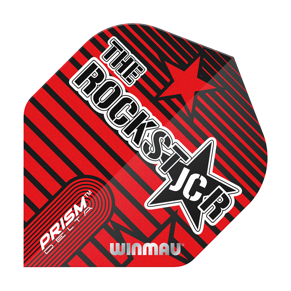 6915-227_Winmau_Prism_Delta_Joe_Cullen_Rockstar_Standard_Flights_11KrQ2Y5MWWq6E Das Bild zeigt ein Dartflight mit einem roten und schwarzen Streifendesign. Darauf stehen die Wörter "THE ROCKSTAR", "PRISM DELTA" und "WINMAU".