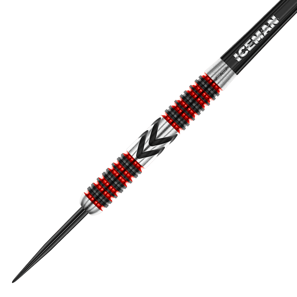 RD2567_Red_Dragon_Gerwyn_Price_Firebird_Steeldarts_2 Dies ist ein Steeldart mit silberner, schwarzer und roter Verzierung. Auf dem Schaft steht das Wort "ICEMAN".