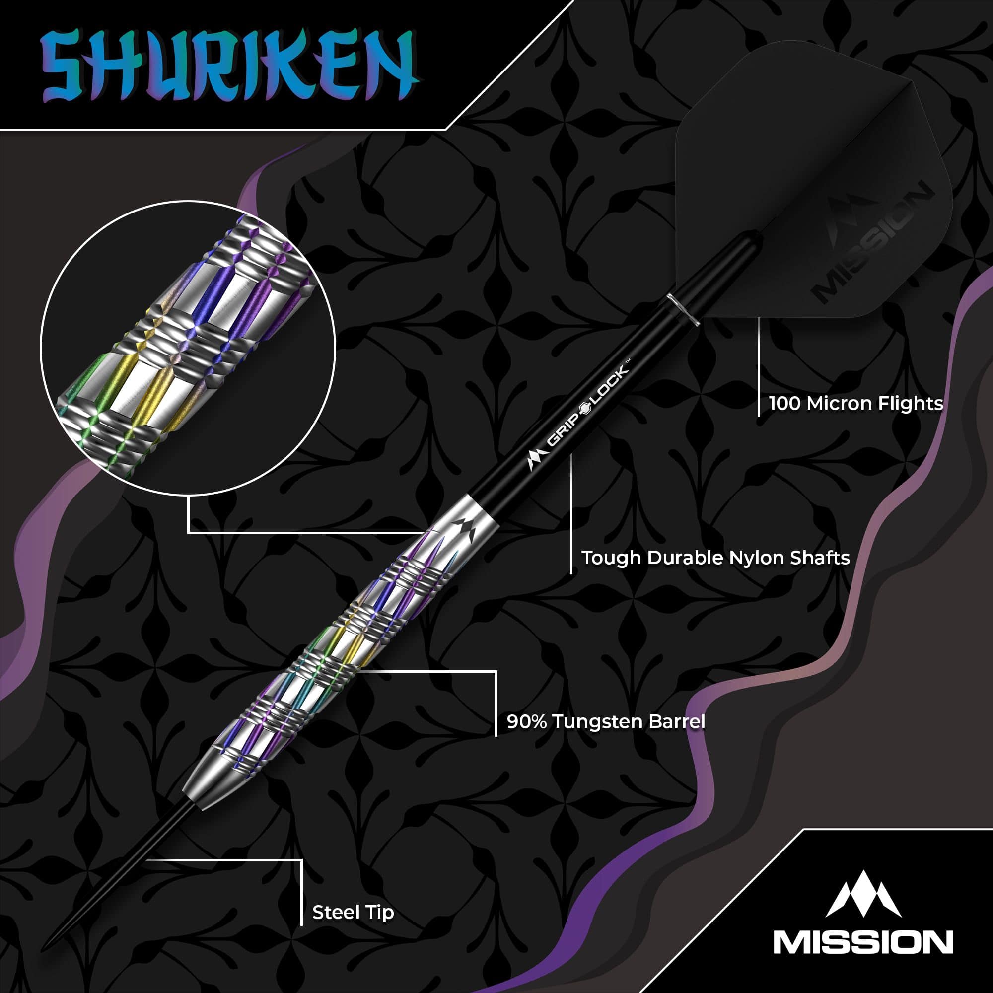 Mission Shuriken stalen pijlen Mission Shuriken Steeldarts sind für ambitionierte Dartspieler geeignet. Das Foto zeigt die Mission Shuriken Steeldarts aus einer anderen Perspektive.