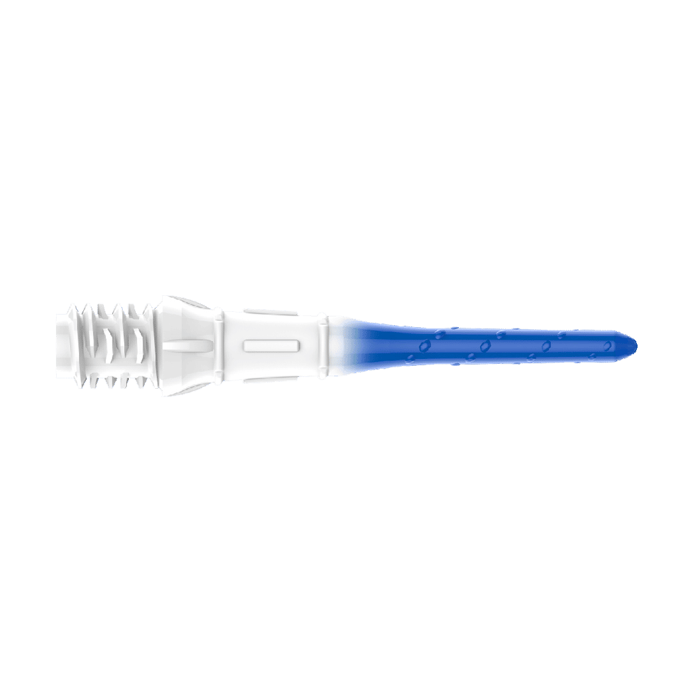 L-Style Premium Lippoint Gradiation Dart Tips (verpakking van 30) Das Bild zeigt eine Dartspitze mit einem Farbverlauf von Weiß zu Blau. Die Spitze hat kleine Einkerbungen entlang des blauen Teils.