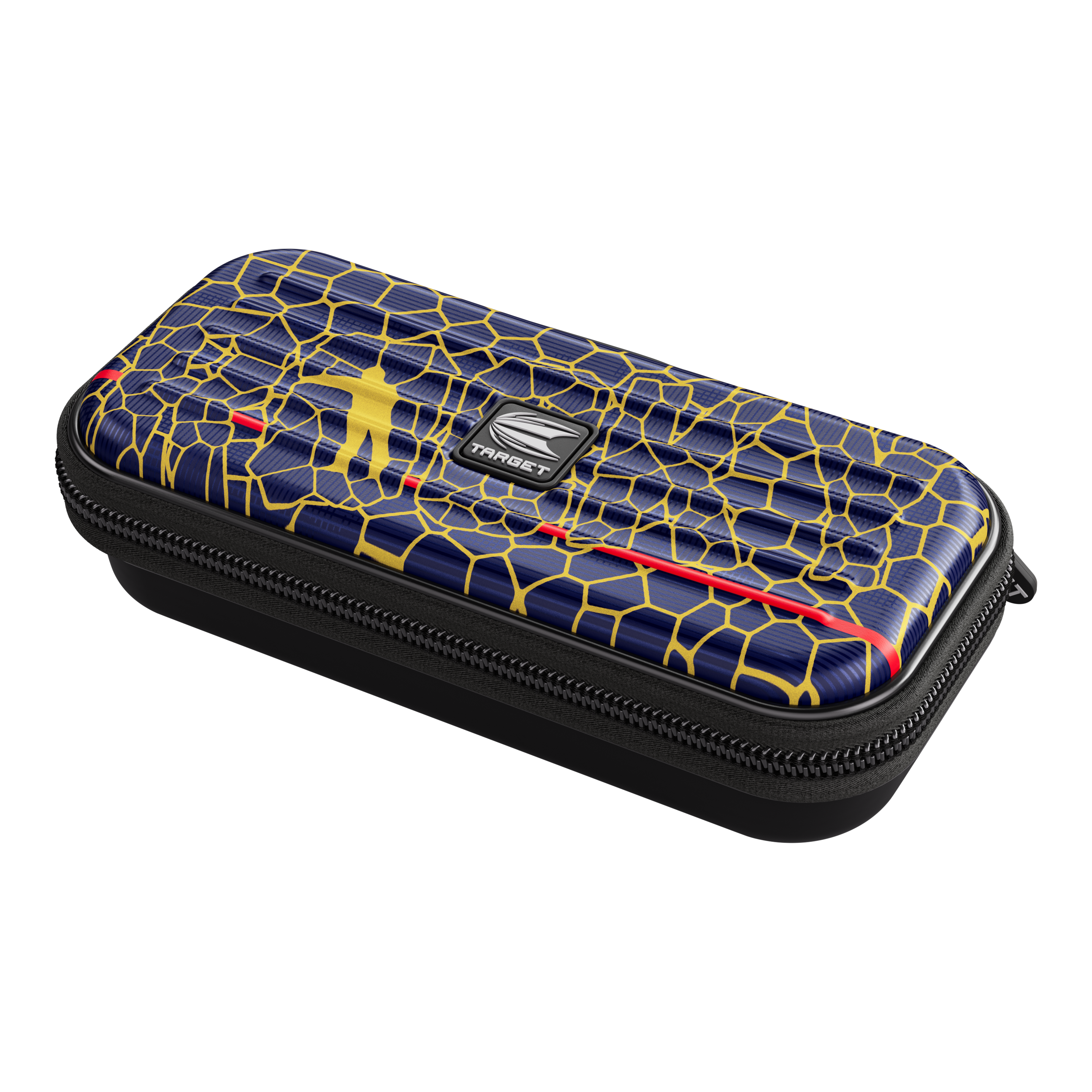 Target Takoma Josh Rock dartkoffer Das Bild zeigt das Produkt "Target Takoma Josh Rock Dartcase". Das Dartcase hat ein auffälliges Design mit gelben Linien auf dunkelblauem Hintergrund und einem kleinen Logo in der Mitte.