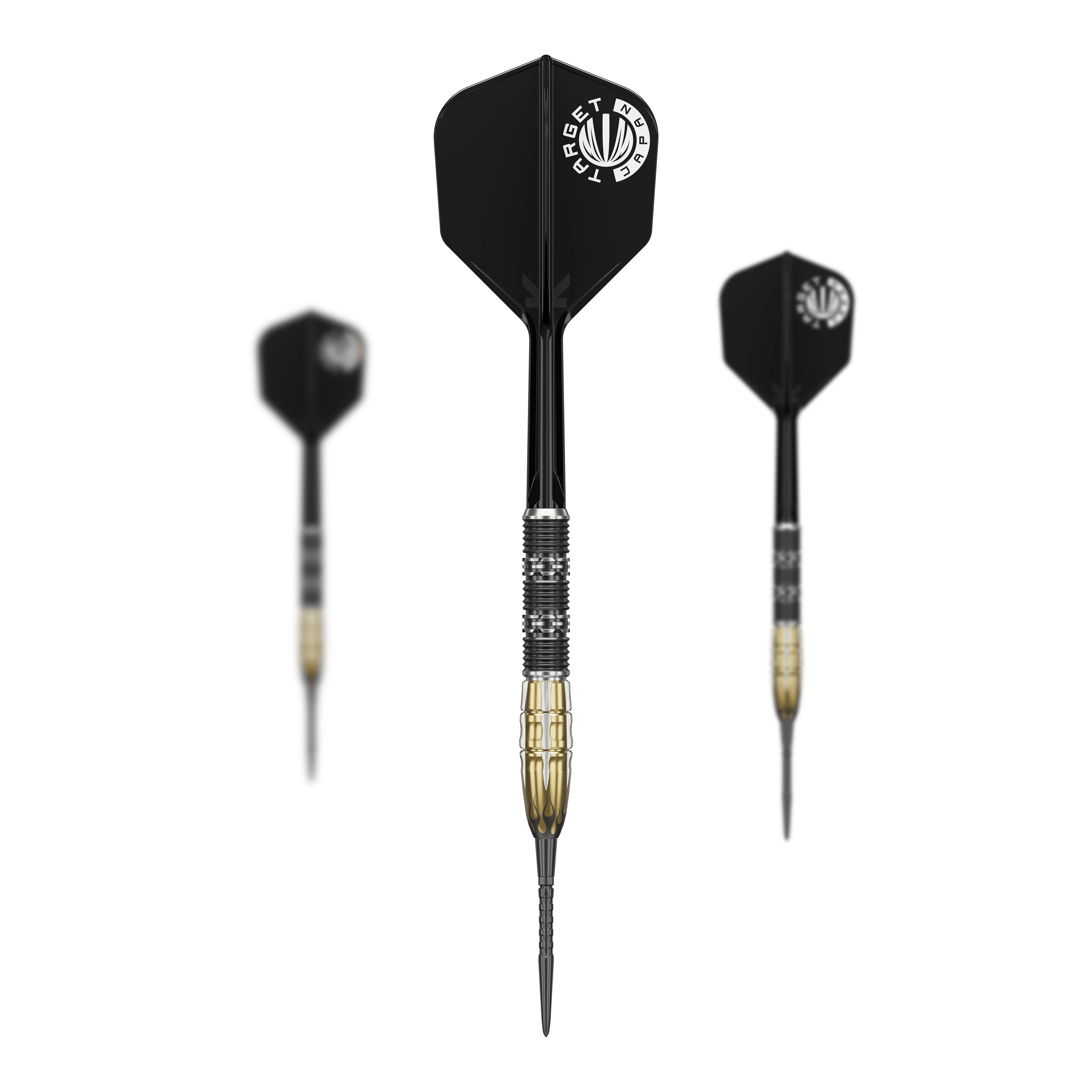 Target Japan Pyro GEN11 Swiss Point Steel Darts - 22g Das Bild zeigt drei Steeldarts des Modells "Target Japan Pyro GEN11 Swiss Point - 22g". Die Darts haben schwarze Flights und einen schwarz-goldenen Barrel.